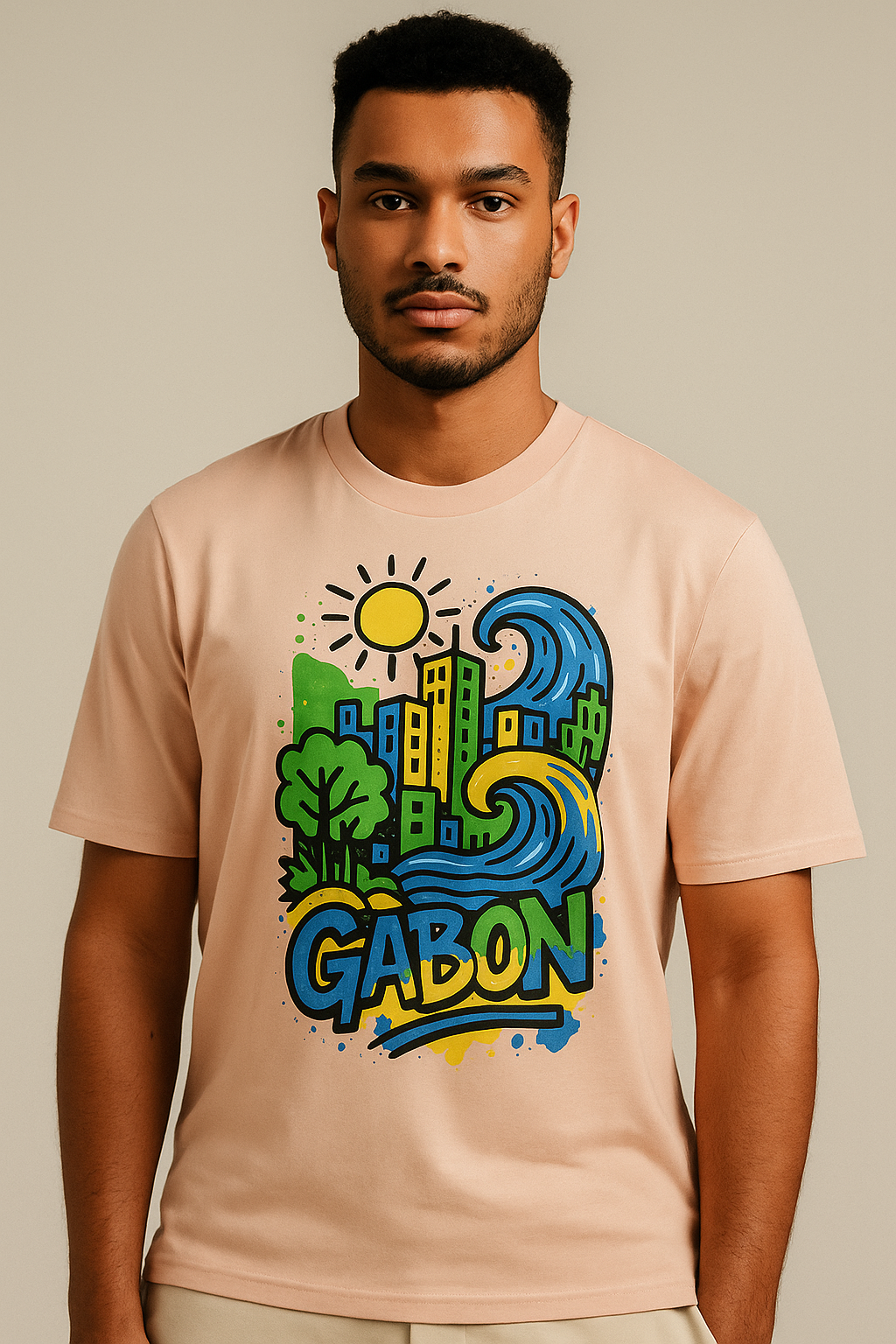 T-shirt pêche clair Ondya en coton biologique, design Gabon afro luxe coloré, prêt-à-porter durable haut de gamme.