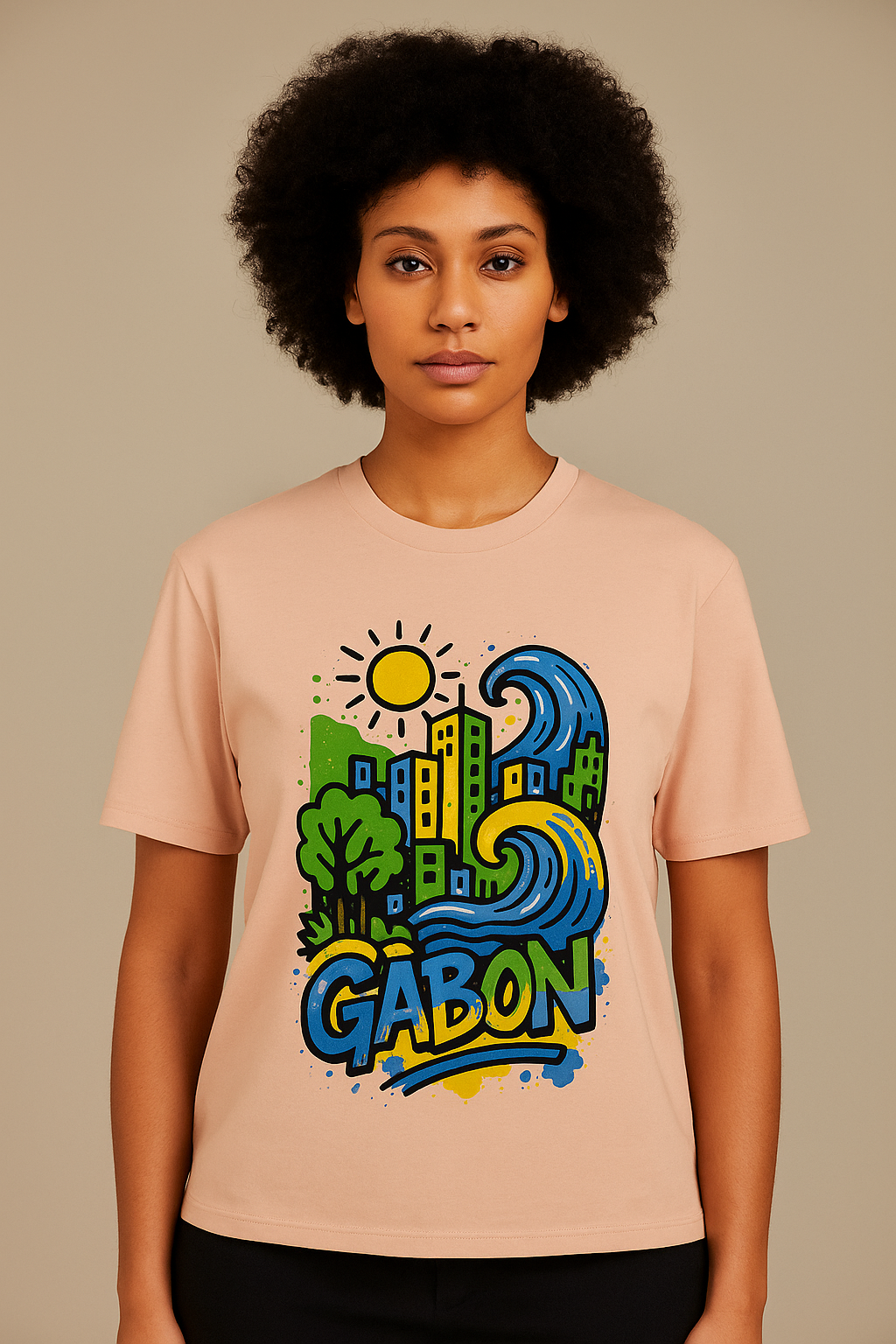 T-shirt pêche clair Ondya en coton biologique, design Gabon afro luxe coloré, prêt-à-porter durable haut de gamme.