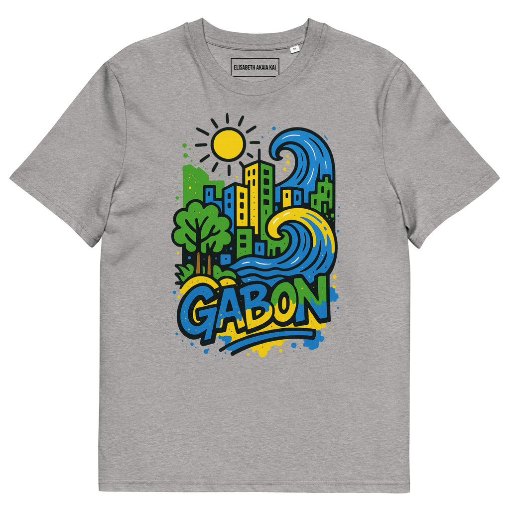 T-shirt gris clair Ondya unisexe, coton bio certifié, design Gabon coloré afro luxe, prêt-à-porter haut de gamme.