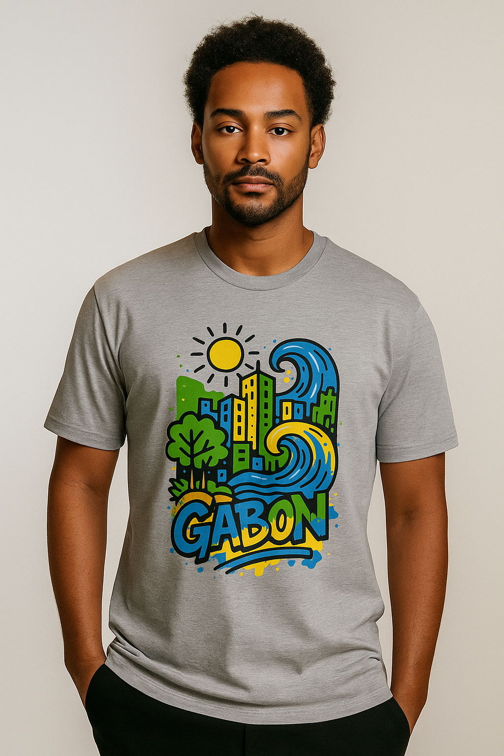 T-shirt gris clair Ondya unisexe, coton bio certifié, design Gabon coloré afro luxe, prêt-à-porter haut de gamme.
