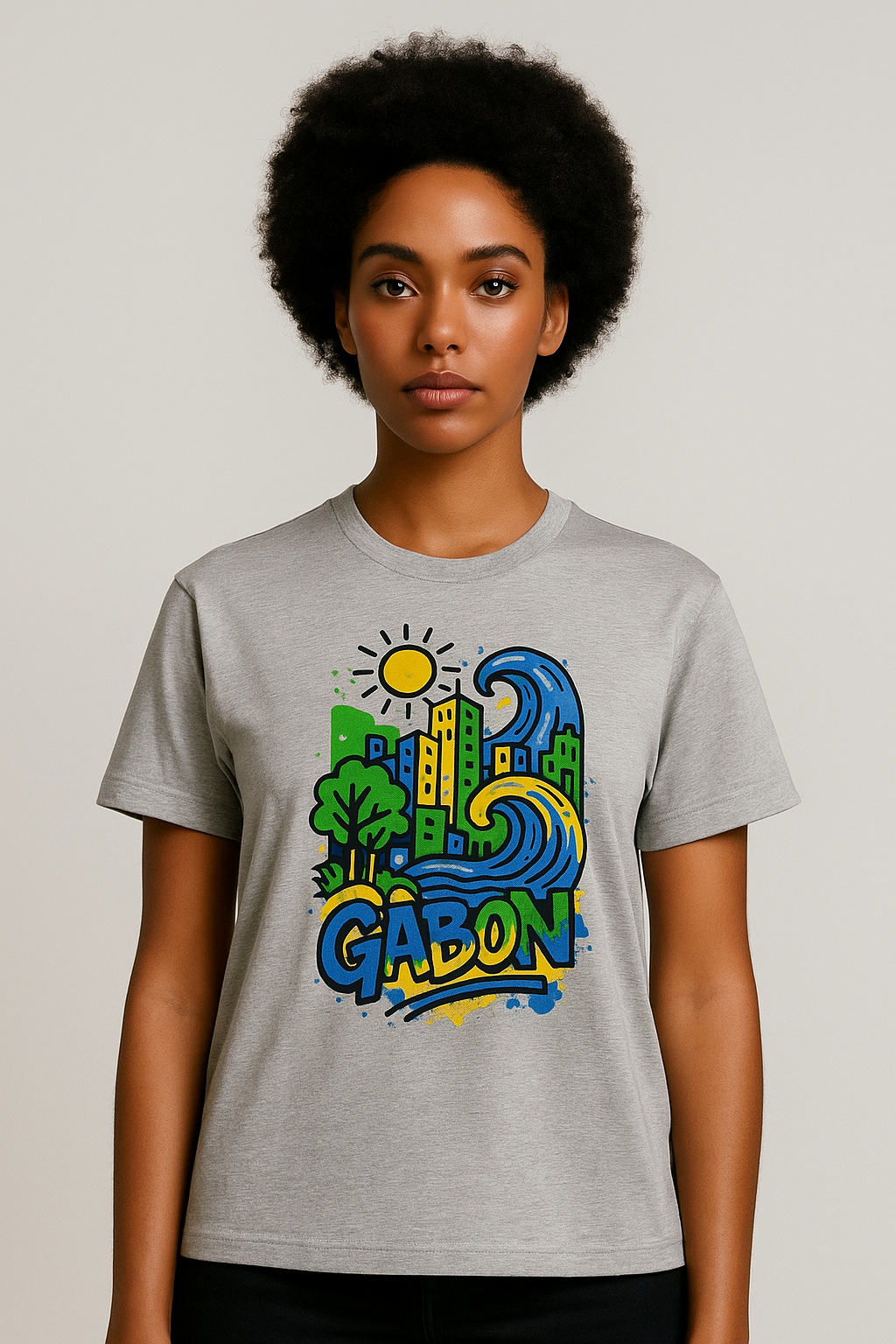 T-shirt gris clair Ondya unisexe, coton bio certifié, design Gabon coloré afro luxe, prêt-à-porter haut de gamme.