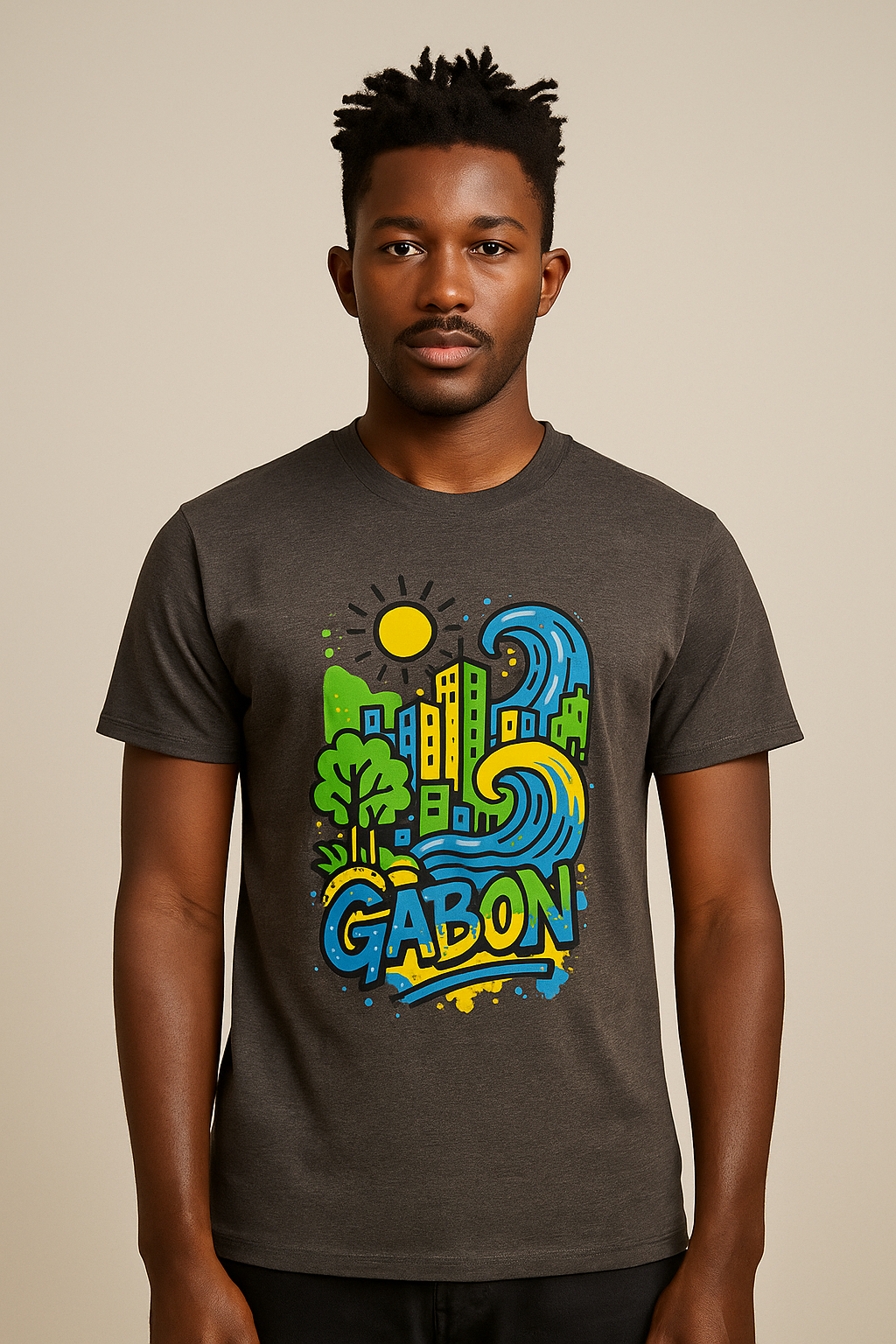 T-shirt gris foncé Ondya en coton biologique, imprimé afro chic Gabon aux couleurs vibrantes, prêt-à-porter premium éthique.