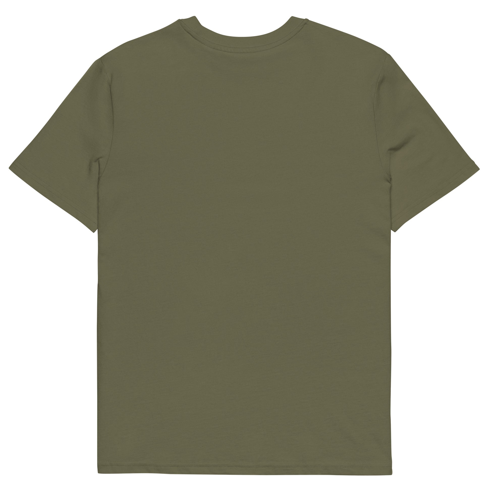 T-shirt kaki Ondya en coton biologique, imprimé Gabon afro luxe avec vague et soleil, mode haut de gamme éthique.