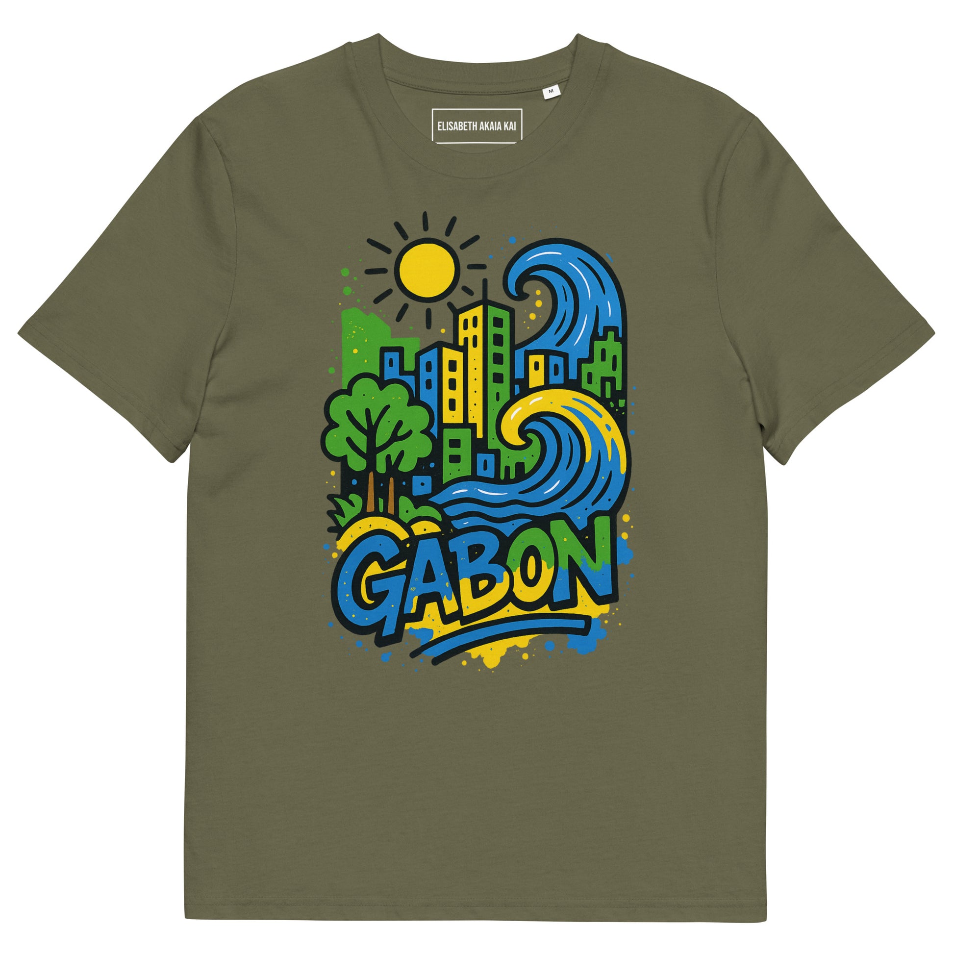 T-shirt kaki Ondya en coton biologique, imprimé Gabon afro luxe avec vague et soleil, mode haut de gamme éthique.