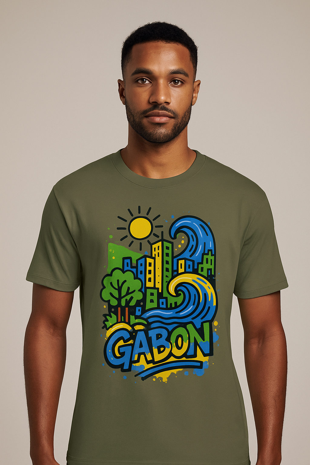 T-shirt kaki Ondya en coton biologique, imprimé Gabon afro luxe avec vague et soleil, mode haut de gamme éthique.
