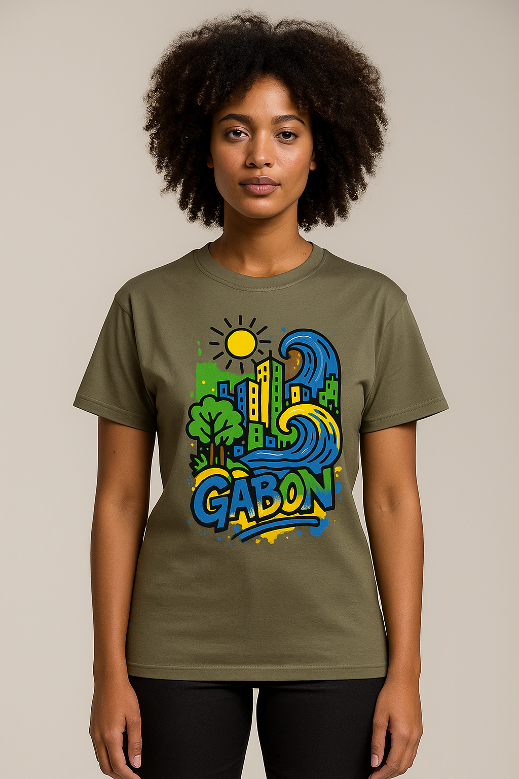 T-shirt kaki Ondya en coton biologique, imprimé Gabon afro luxe avec vague et soleil, mode haut de gamme éthique.