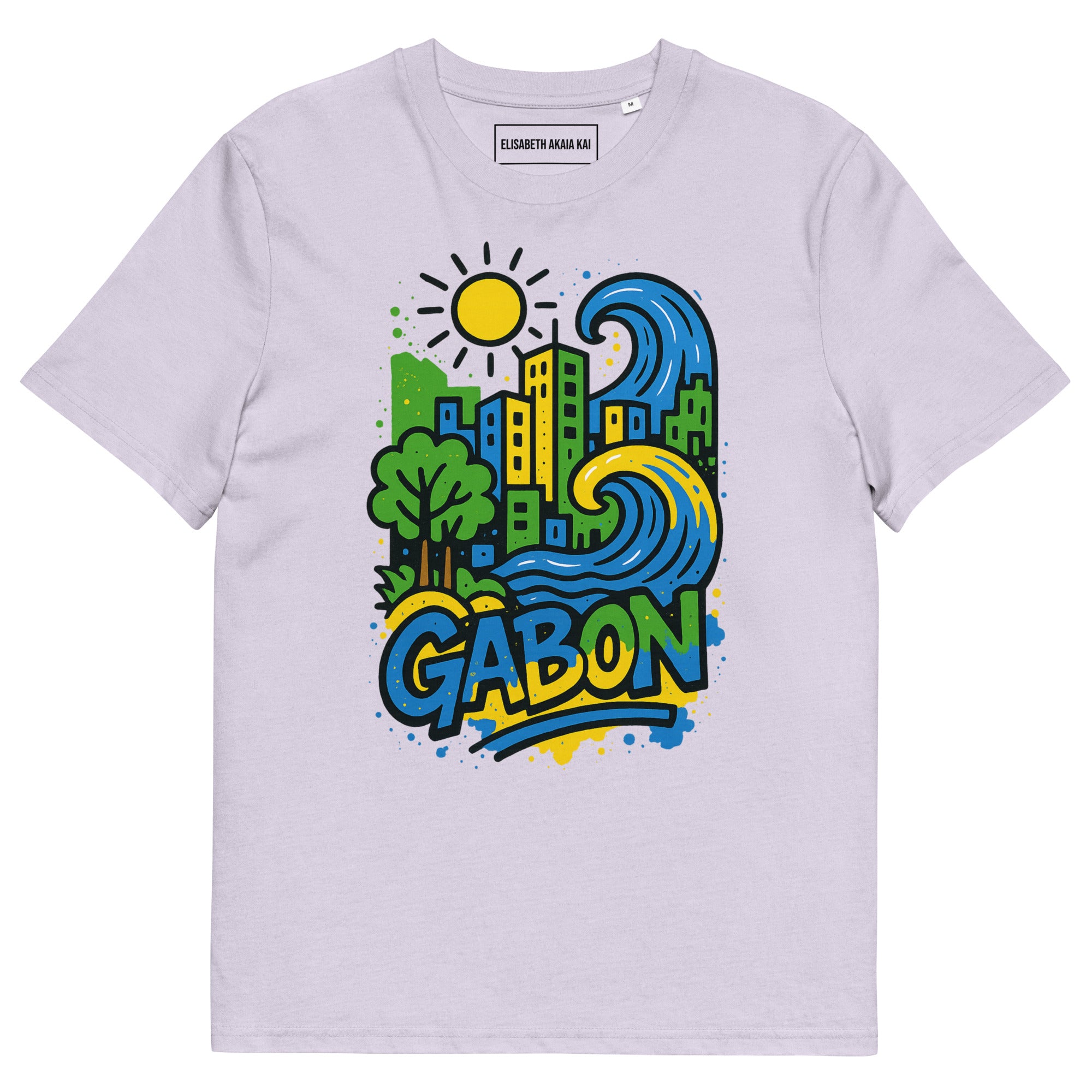 T-shirt lavande Ondya en coton bio premium, imprimé coloré Gabon afro luxe, mode durable et haut de gamme.