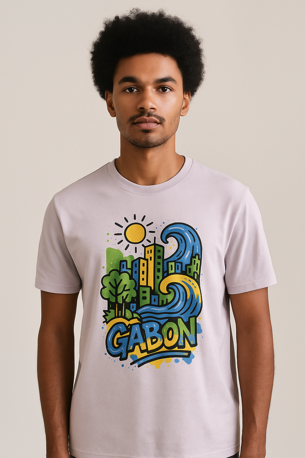 T-shirt lavande Ondya en coton bio premium, imprimé coloré Gabon afro luxe, mode durable et haut de gamme.