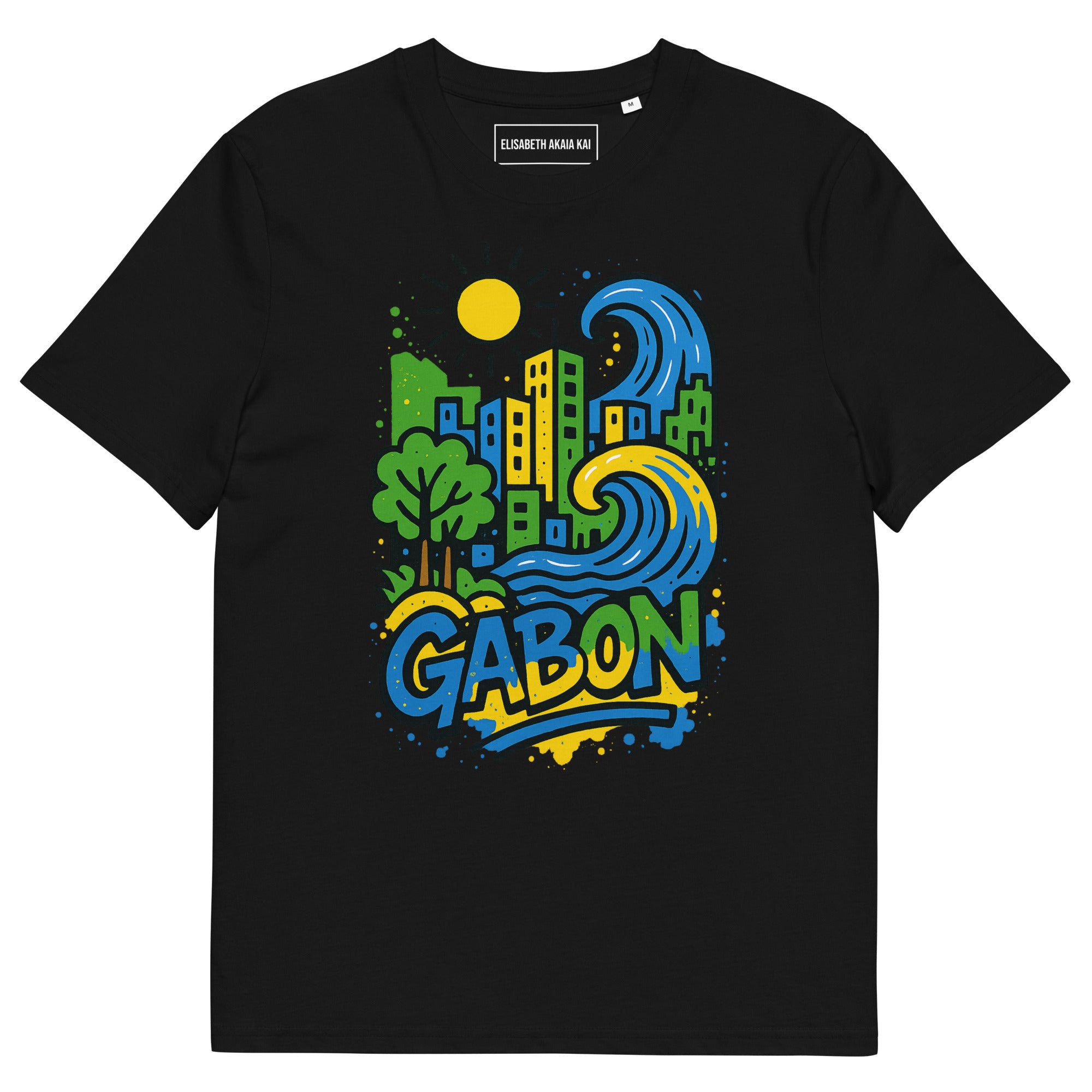 T-shirt noir Ondya unisexe, coton biologique premium, imprimé Gabon afro luxe avec soleil et vague, mode durable haut de gamme.