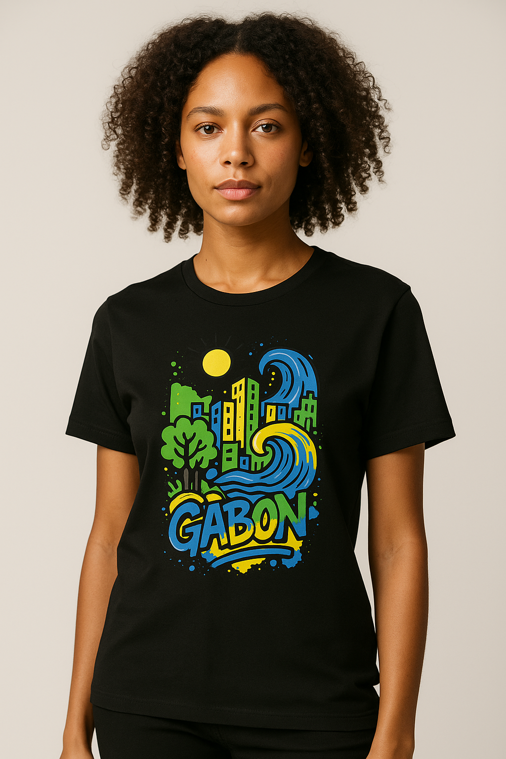 T-shirt noir Ondya unisexe, coton biologique premium, imprimé Gabon afro luxe avec soleil et vague, mode durable haut de gamme.