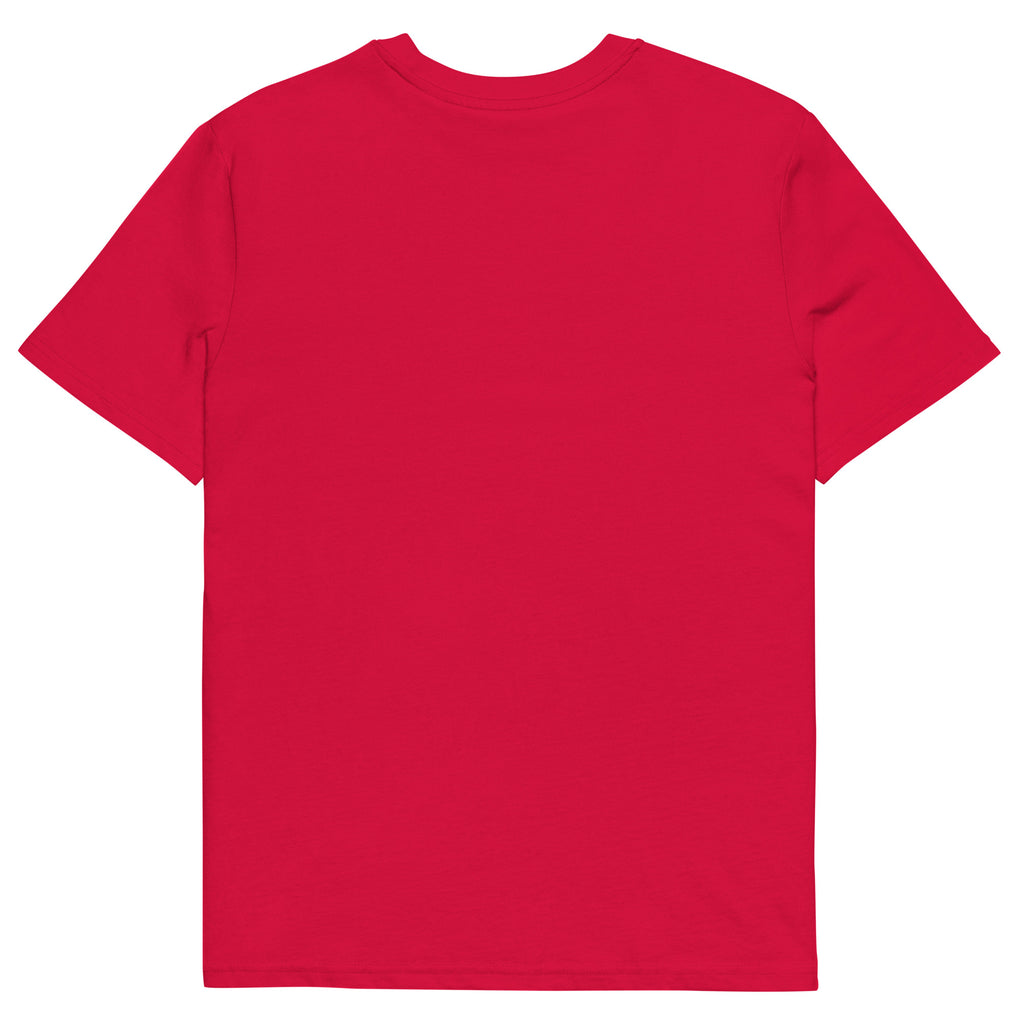 T-shirt rouge Ondya en coton biologique, design coloré Gabon afro luxe avec soleil et vague, prêt-à-porter premium exclusif.