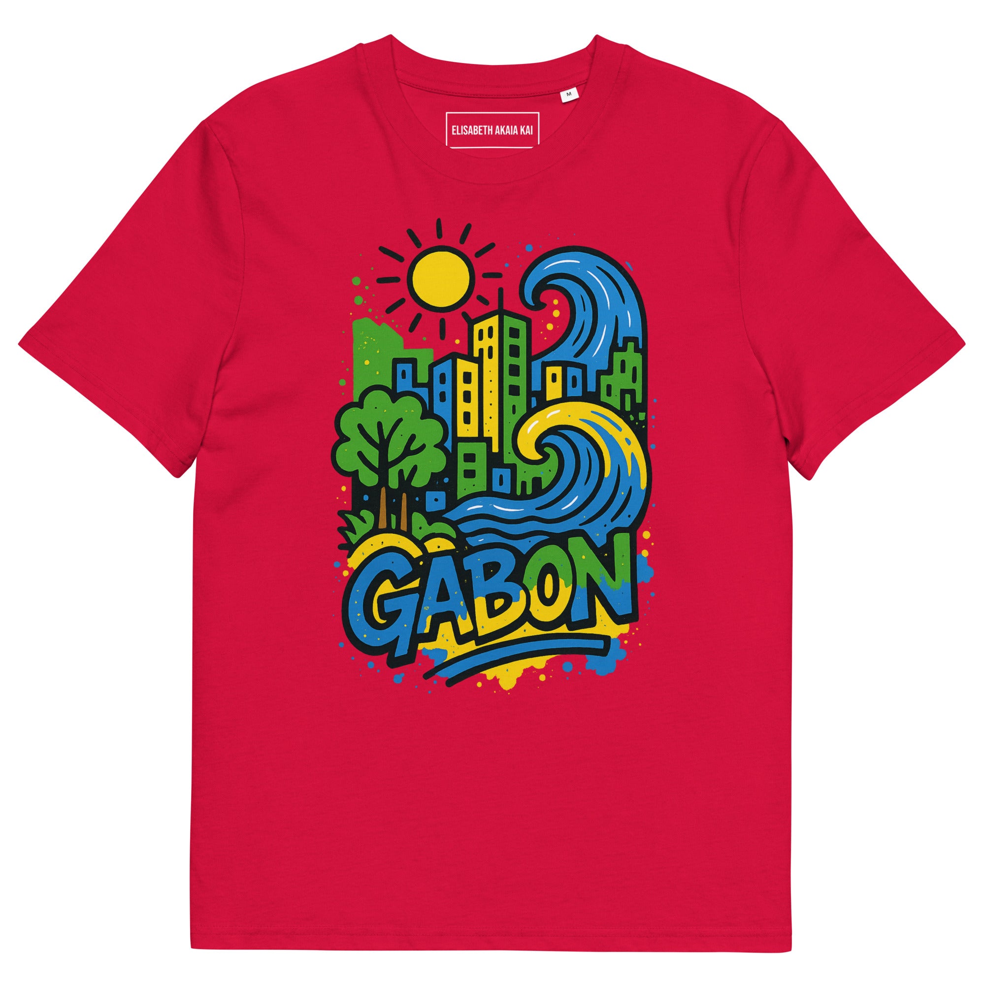 T-shirt rouge Ondya en coton biologique, design coloré Gabon afro luxe avec soleil et vague, prêt-à-porter premium exclusif.