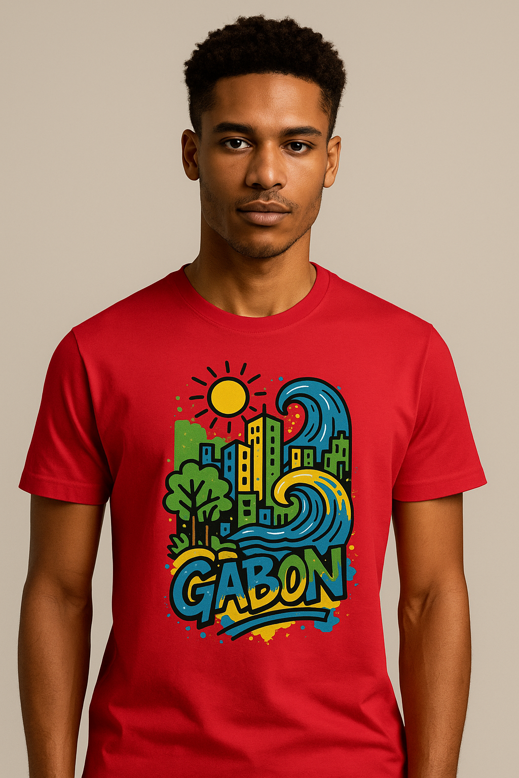 T-shirt rouge Ondya en coton biologique, design coloré Gabon afro luxe avec soleil et vague, prêt-à-porter premium exclusif.