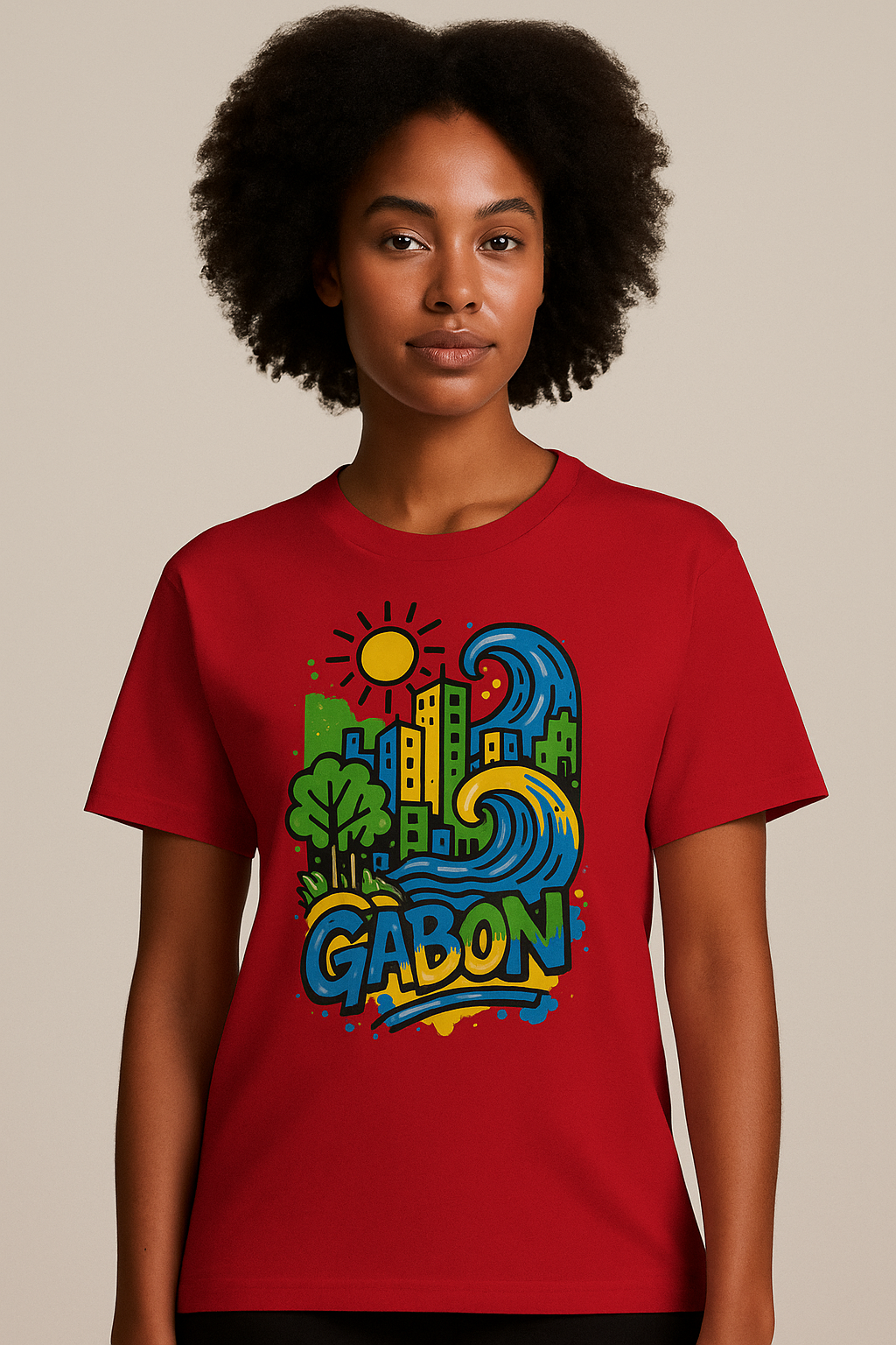 T-shirt rouge Ondya en coton biologique, design coloré Gabon afro luxe avec soleil et vague, prêt-à-porter premium exclusif.