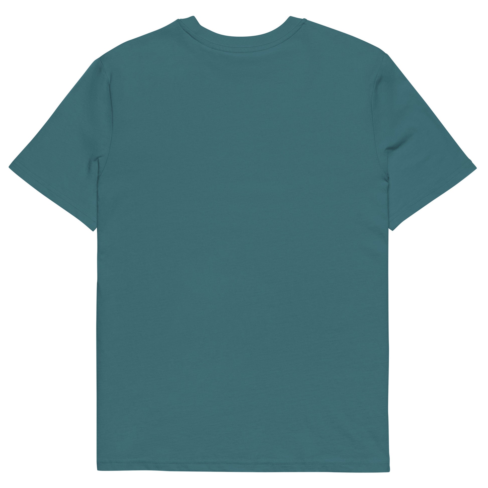 T-shirt bleu-vert Ondya en coton bio certifié, imprimé Gabon artistique afro luxe, collection éthique Libreveille Royale.