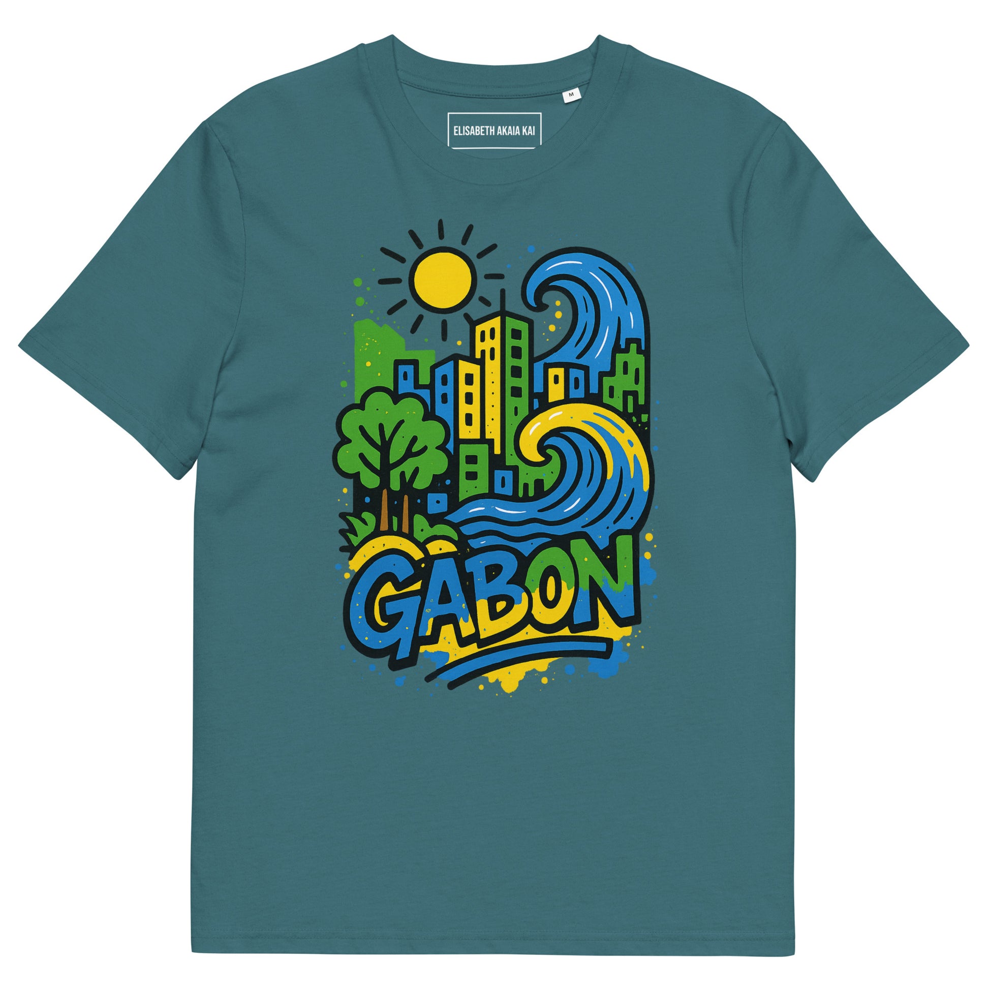 T-shirt bleu-vert Ondya en coton bio certifié, imprimé Gabon artistique afro luxe, collection éthique Libreveille Royale.