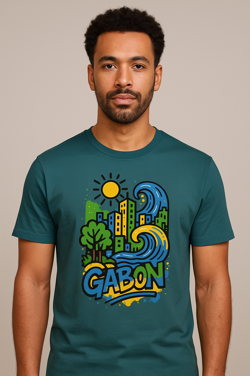T-shirt bleu-vert Ondya en coton bio certifié, imprimé Gabon artistique afro luxe, collection éthique Libreveille Royale.