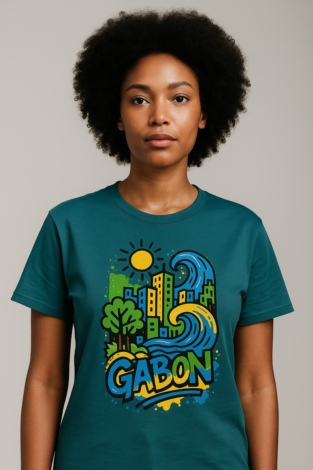 T-shirt bleu-vert Ondya en coton bio certifié, imprimé Gabon artistique afro luxe, collection éthique Libreveille Royale.
