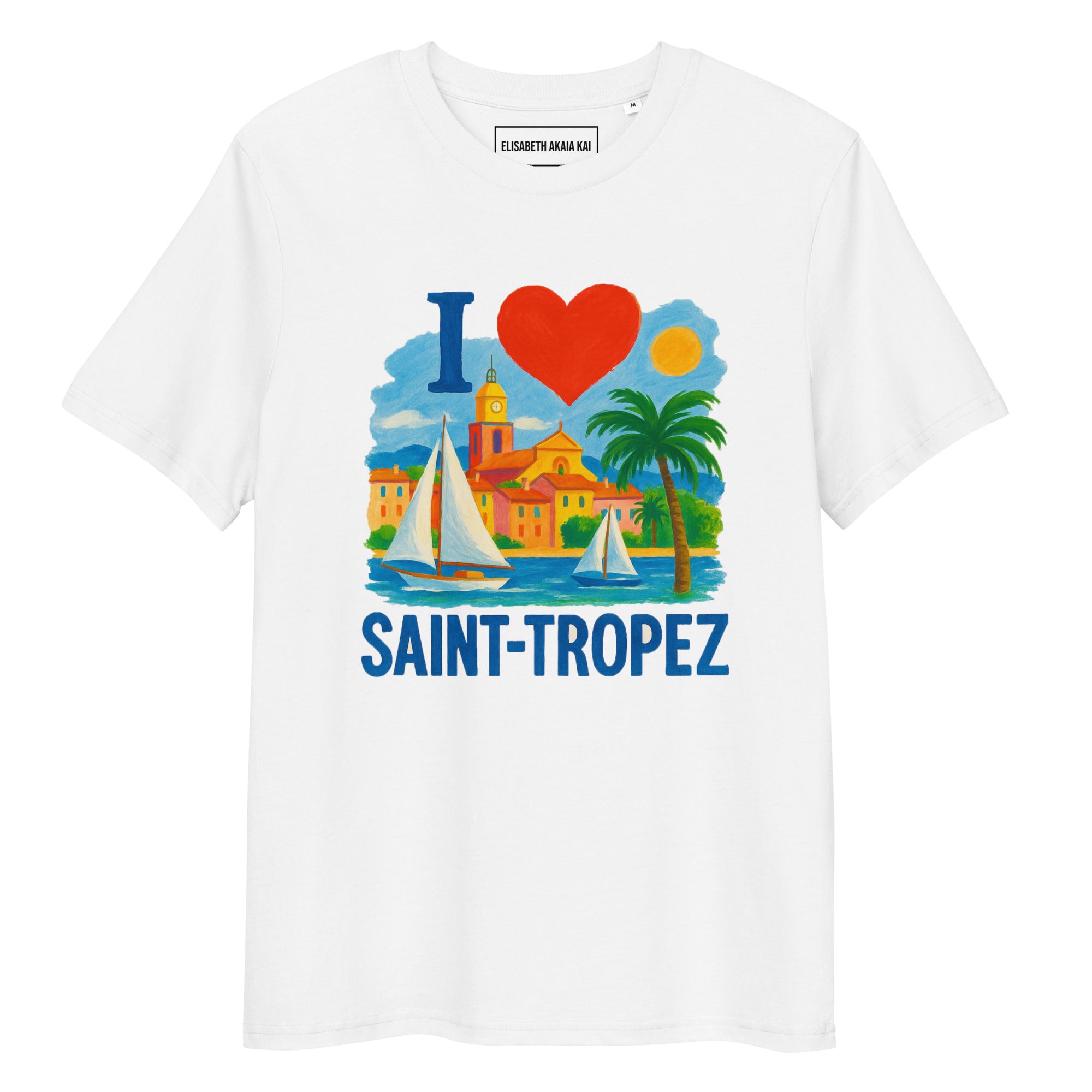 alt="T-shirt Saint-Tropez Elisabeth Akaia Kai – illustration voiliers et palmiers en coton bio"