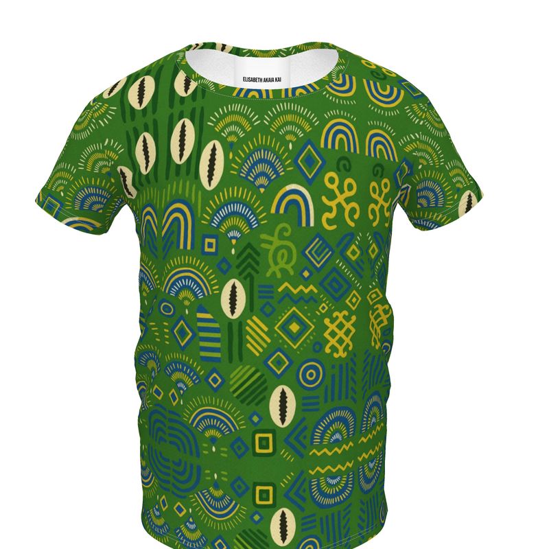 T-shirt enfant manches courtes Mwana vu de face, avec un imprimé afro coloré et géométrique en vert, bleu et jaune.