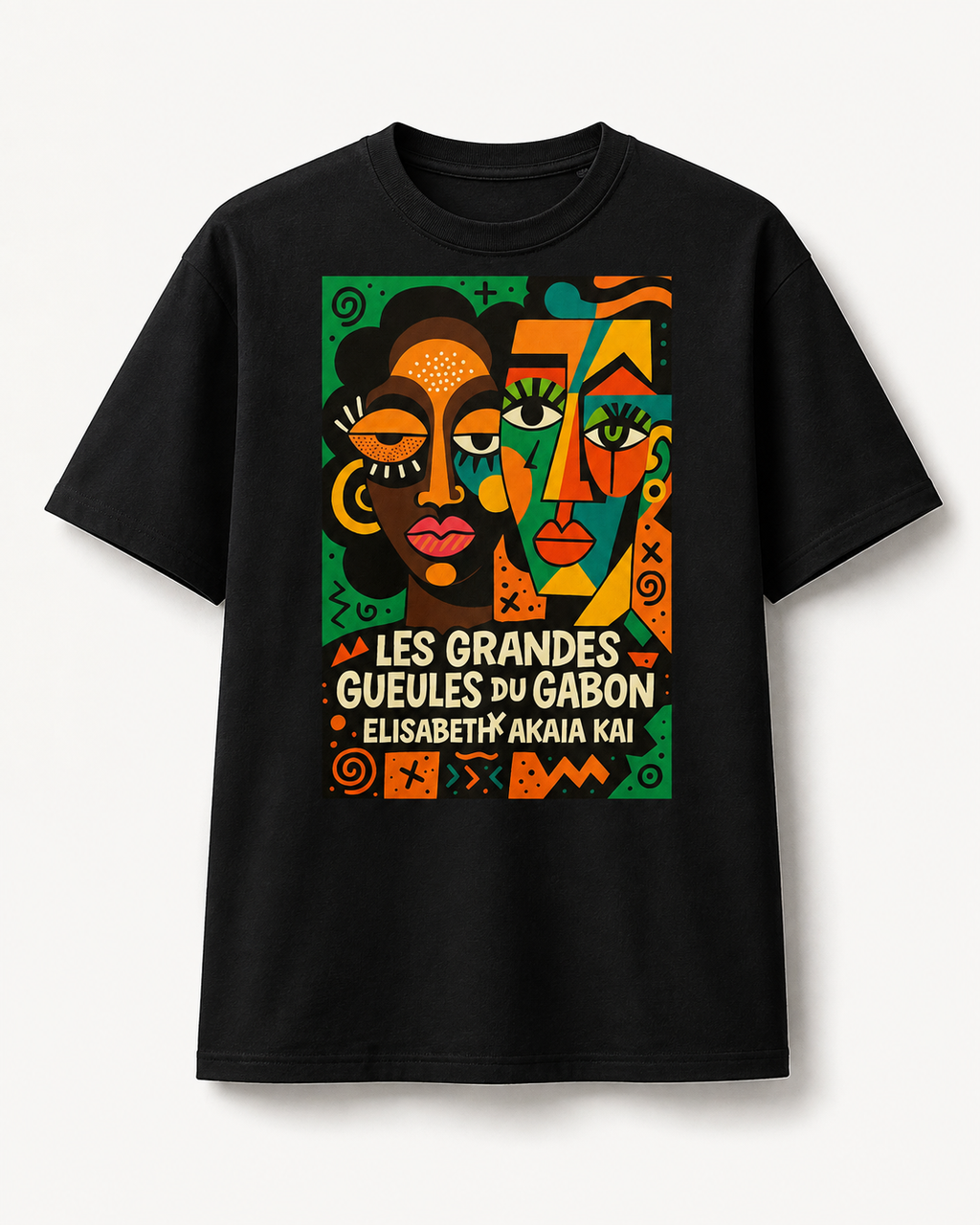 T-shirt noir Les Grandes Gueules du Gabon vu de face avec grande illustration artistique colorée Élisabeth Akaïa Kaï.