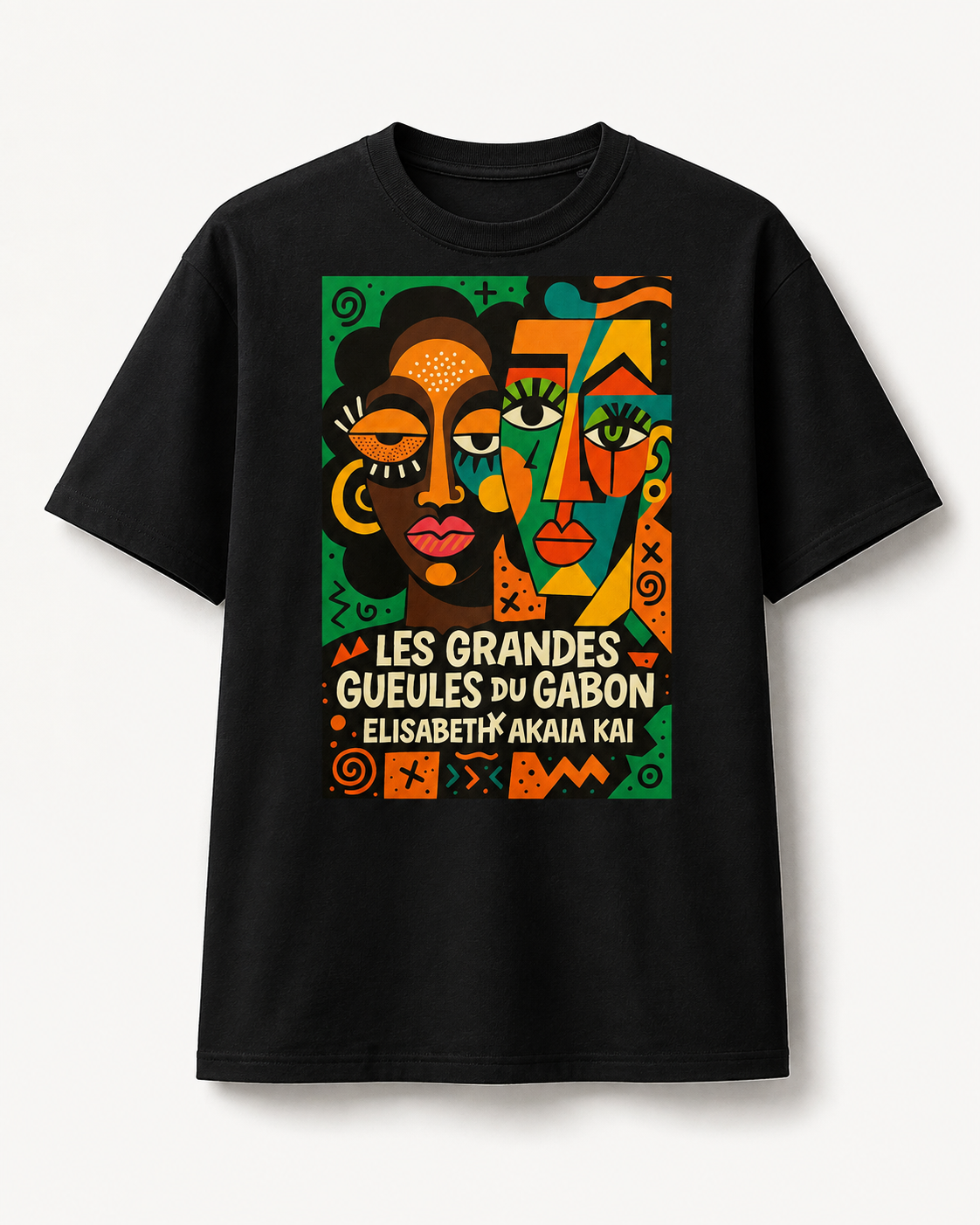 T-shirt noir Les Grandes Gueules du Gabon vu de face avec grande illustration artistique colorée Élisabeth Akaïa Kaï.