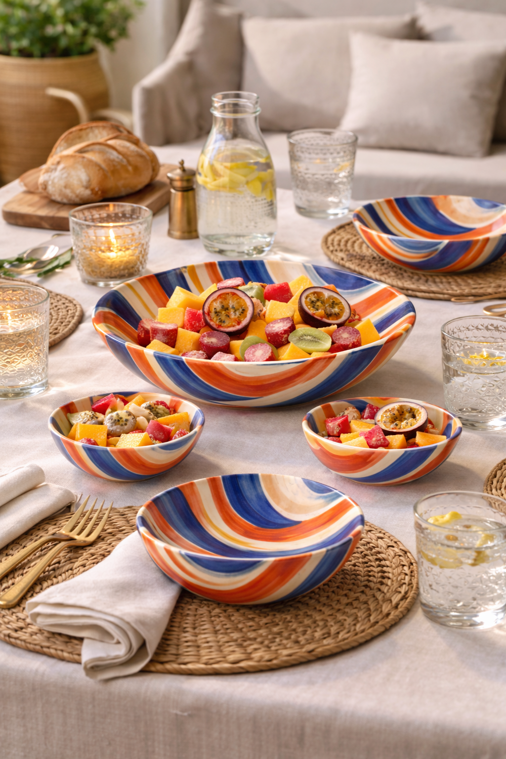 Table dressée style afro-luxe avec plusieurs bols et plat Mbeya à motif ondulations bleu et orange, remplis de fruits exotiques (mangue, ananas, fruit de la passion), décoration naturelle avec sets en rotin, couverts dorés et verres texturés, ambiance salon lumineux.