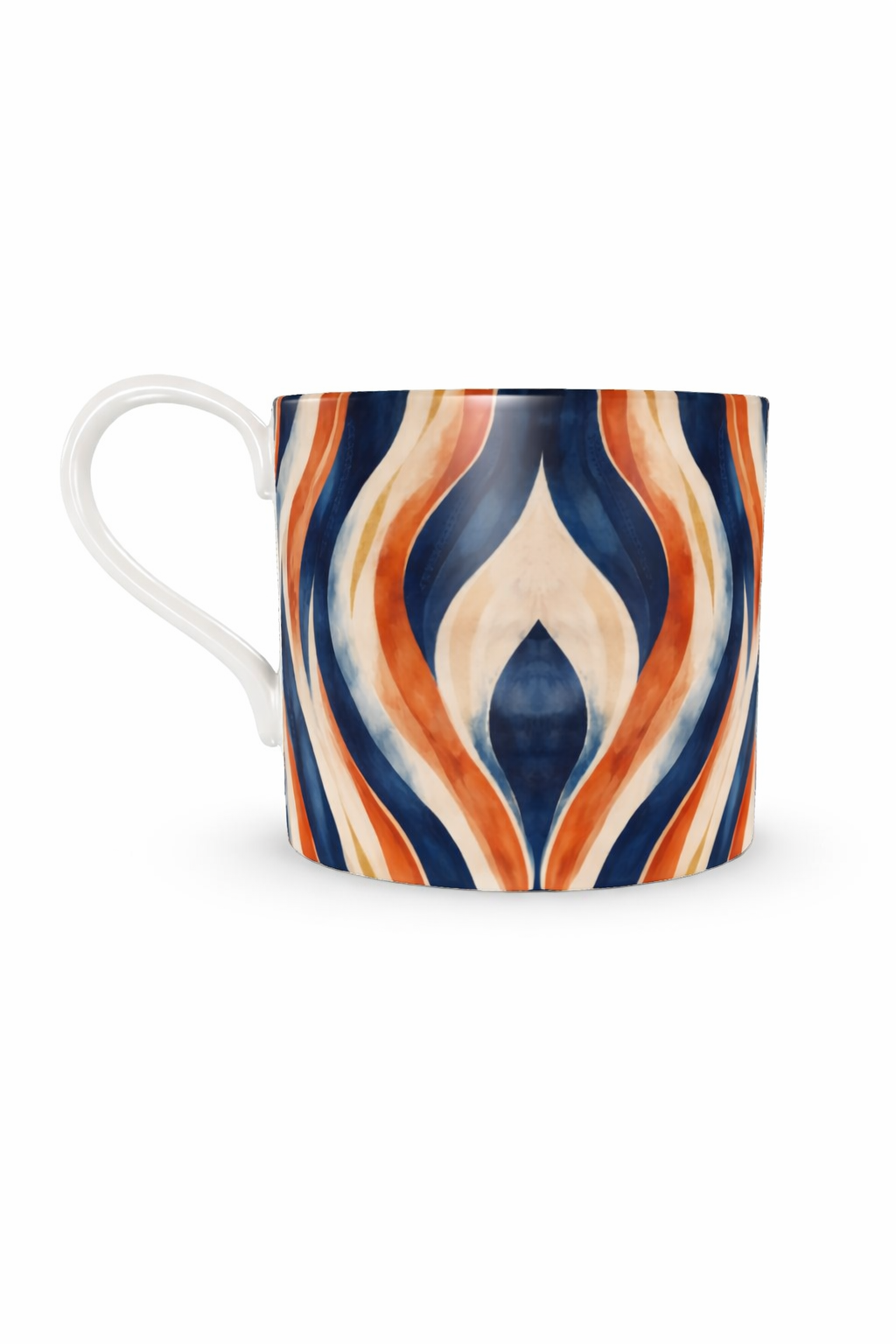 Tasse en céramique design Mbeyla avec motif ondulé aux nuances de bleu, terracotta et sable, photographiée sur fond blanc en format vertical, objet d’art de la table afro-luxe inspiré des ondulations solaires et du design gabonais contemporain.