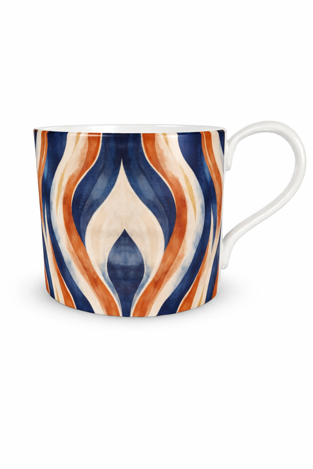 Tasse en céramique design Mbeyla avec motif ondulé symétrique aux tons bleu profond, terracotta et sable, photographiée sur fond blanc en format vertical, objet d’art de la table afro-luxe inspiré des ondulations solaires et du design gabonais contemporain.