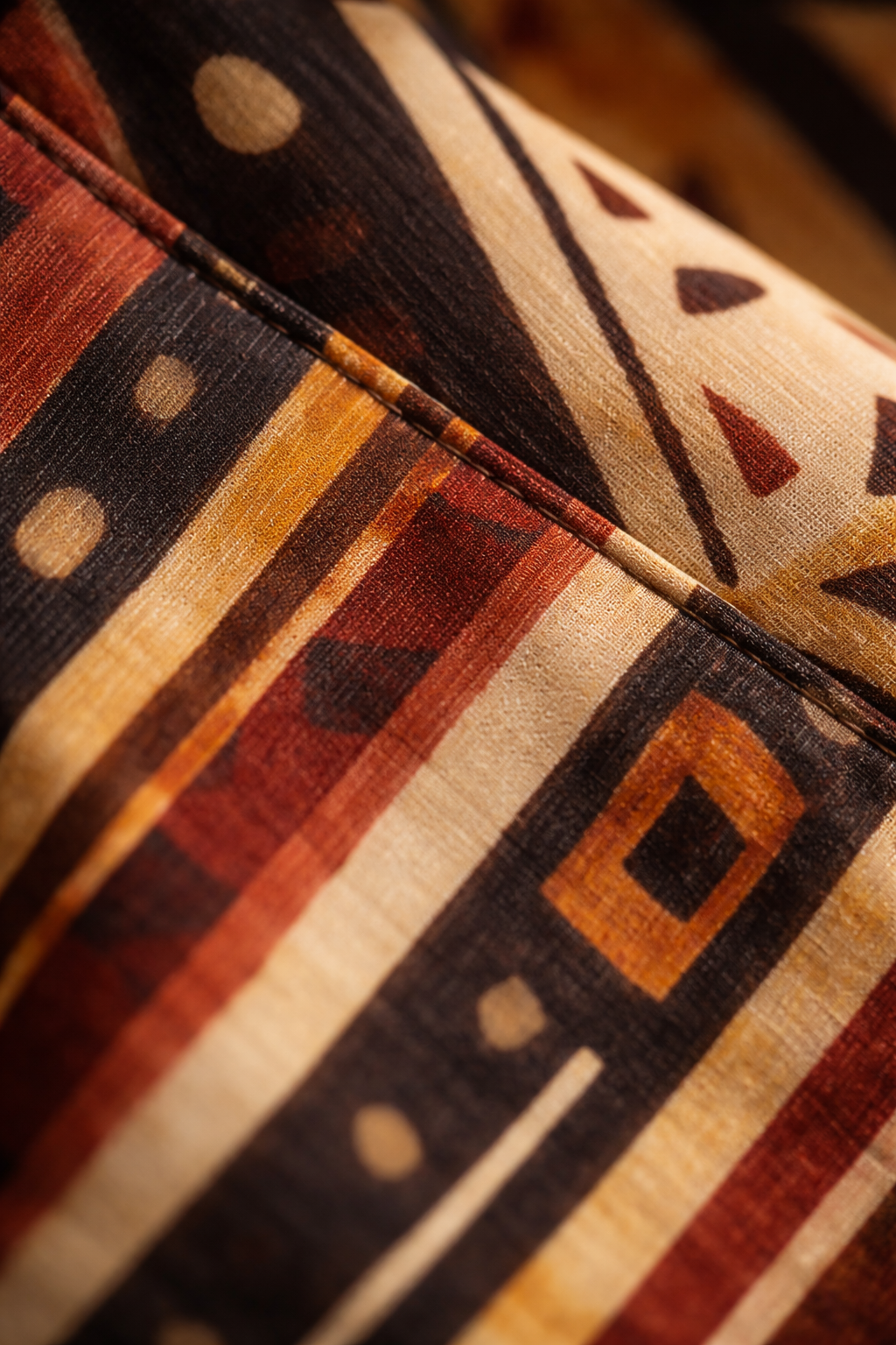 Plongez dans le détail du tissu NYARA : une matière fluide, des finitions précises et un motif graphique unique, signature de la maison Élisabeth Akaïa Kaï.