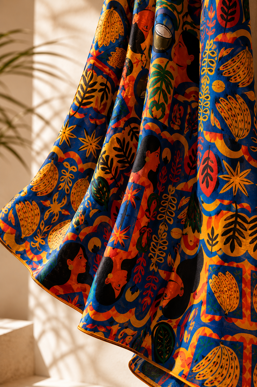 Les plis naturels du pareo Isla Sol revelent la fluidite du textile et la richesse de son motif exclusif. Une creation qui allie elegance, confort et savoir-faire.