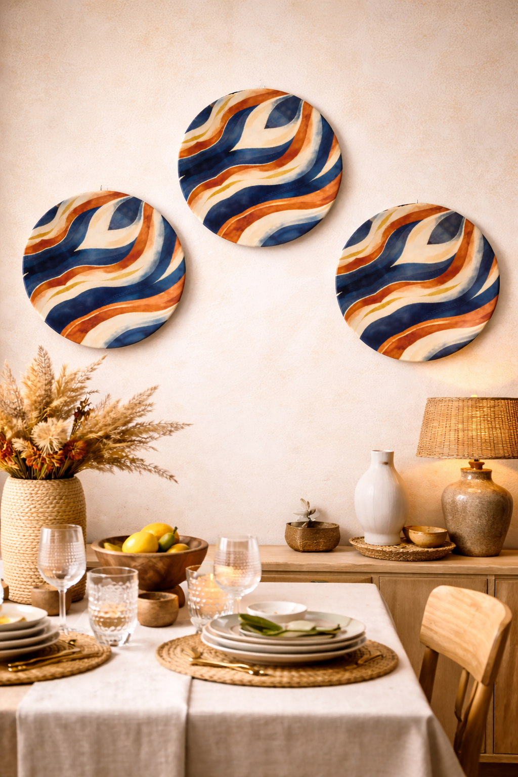 Trio d’assiettes MBEYA en céramique décorative accroché au mur d’une salle à manger, motif ondulations solaires bleu et ocre, art mural afro-luxe, Gabon décoration luxe