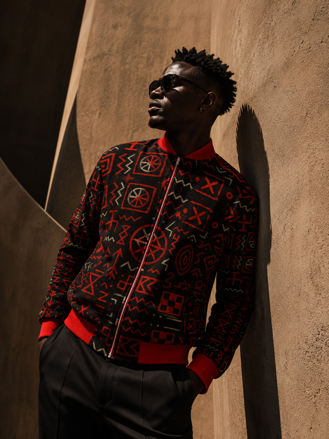 Photographie éditoriale mettant en lumière la veste bomber artistique Élisabeth Akaïa Kaï dans une architecture sculpturale. Une création afro-luxe en édition limitée mêlant design contemporain, art visuel et storytelling émotionnel.