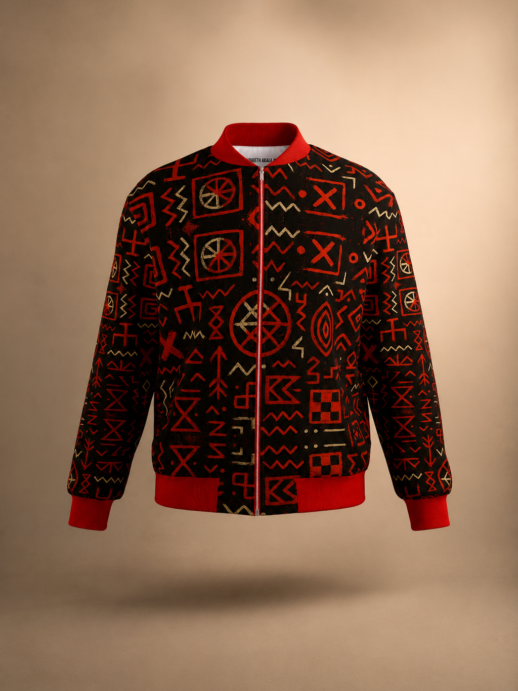 Vue avant de la veste bomber Élisabeth Akaïa Kaï avec imprimé artistique exclusif. Une pièce mode en édition limitée pensée entre héritage culturel, design graphique et luxe contemporain.