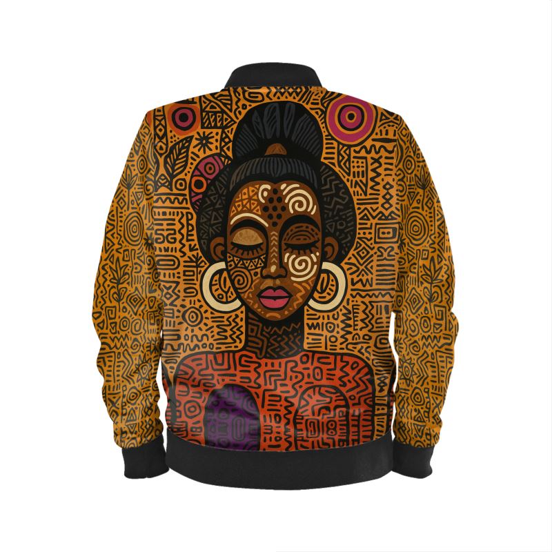 Vue arriere de la veste bomber Mambéla, imprimée en all-over avec des symboles graphiques inspirés de la Bantugraphie, l’écriture bantoue née au Gabon, sur fond doré avec motifs noirs et géométriques.