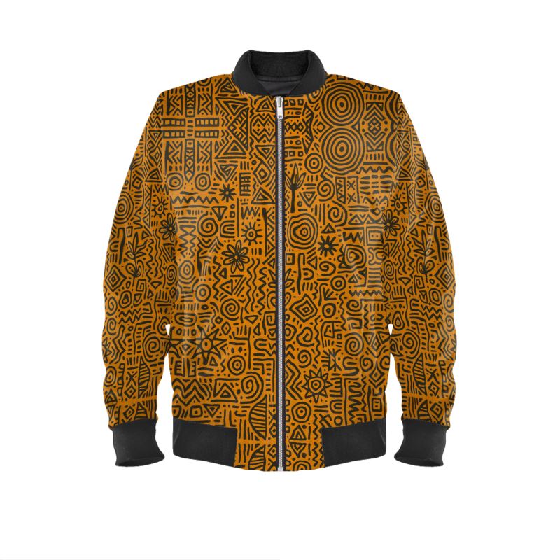 Vue avant de la veste bomber Mambéla, imprimée en all-over avec des symboles graphiques inspirés de la Bantugraphie, l’écriture bantoue née au Gabon, sur fond doré avec motifs noirs et géométriques.