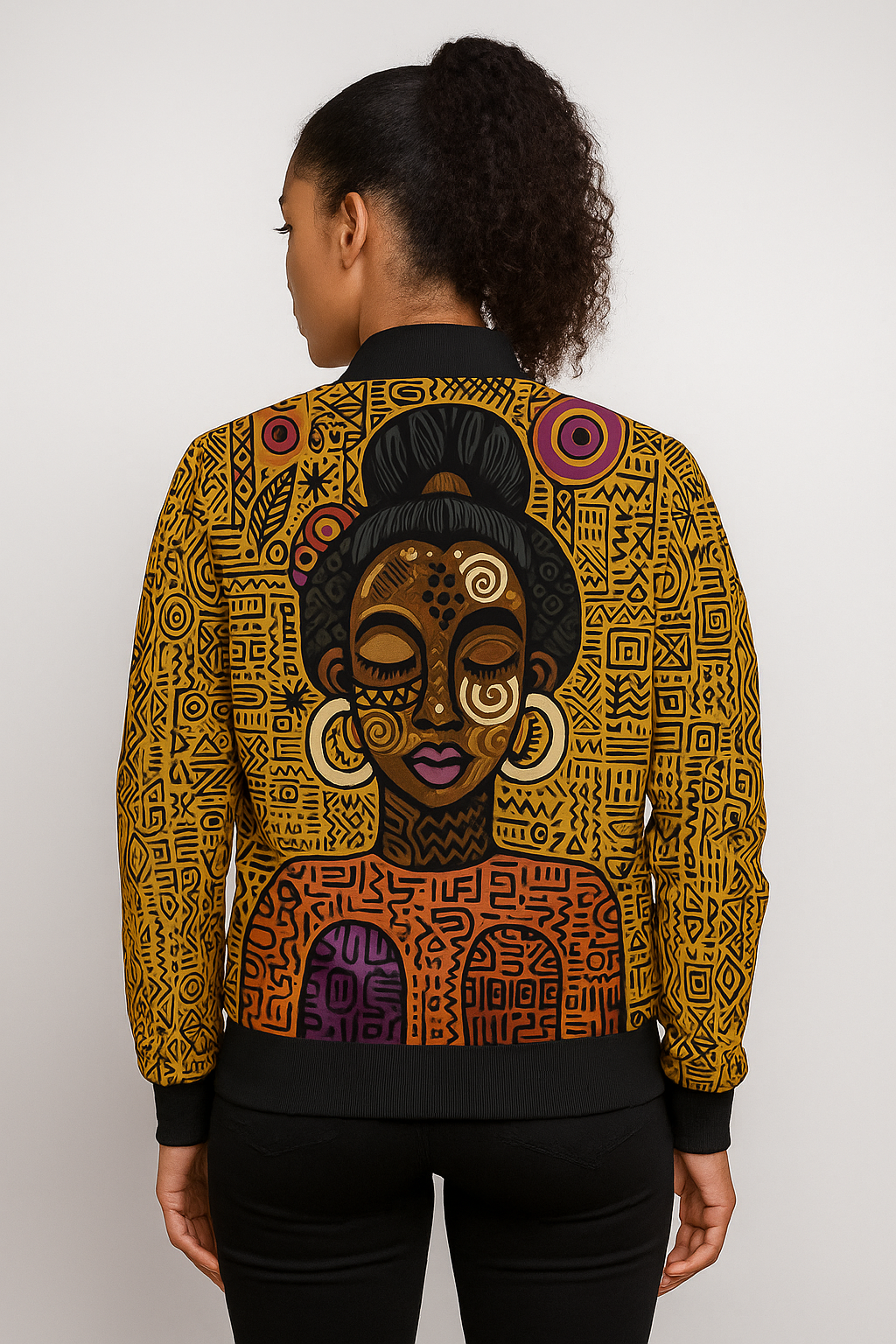 Vue arrière de la veste bomber Mambéla de la collection Libreville Royale, présentant un grand portrait féminin stylisé inspiré des masques Punu du Gabon, sur un fond orné de symboles graphiques tribaux en tons chauds.