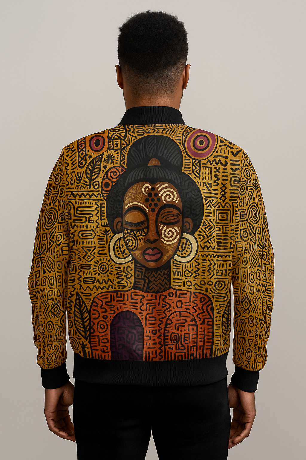 Vue arrière de la veste bomber Mambéla de la collection Libreville Royale, présentant un grand portrait féminin stylisé inspiré des masques Punu du Gabon, sur un fond orné de symboles graphiques tribaux en tons chauds.