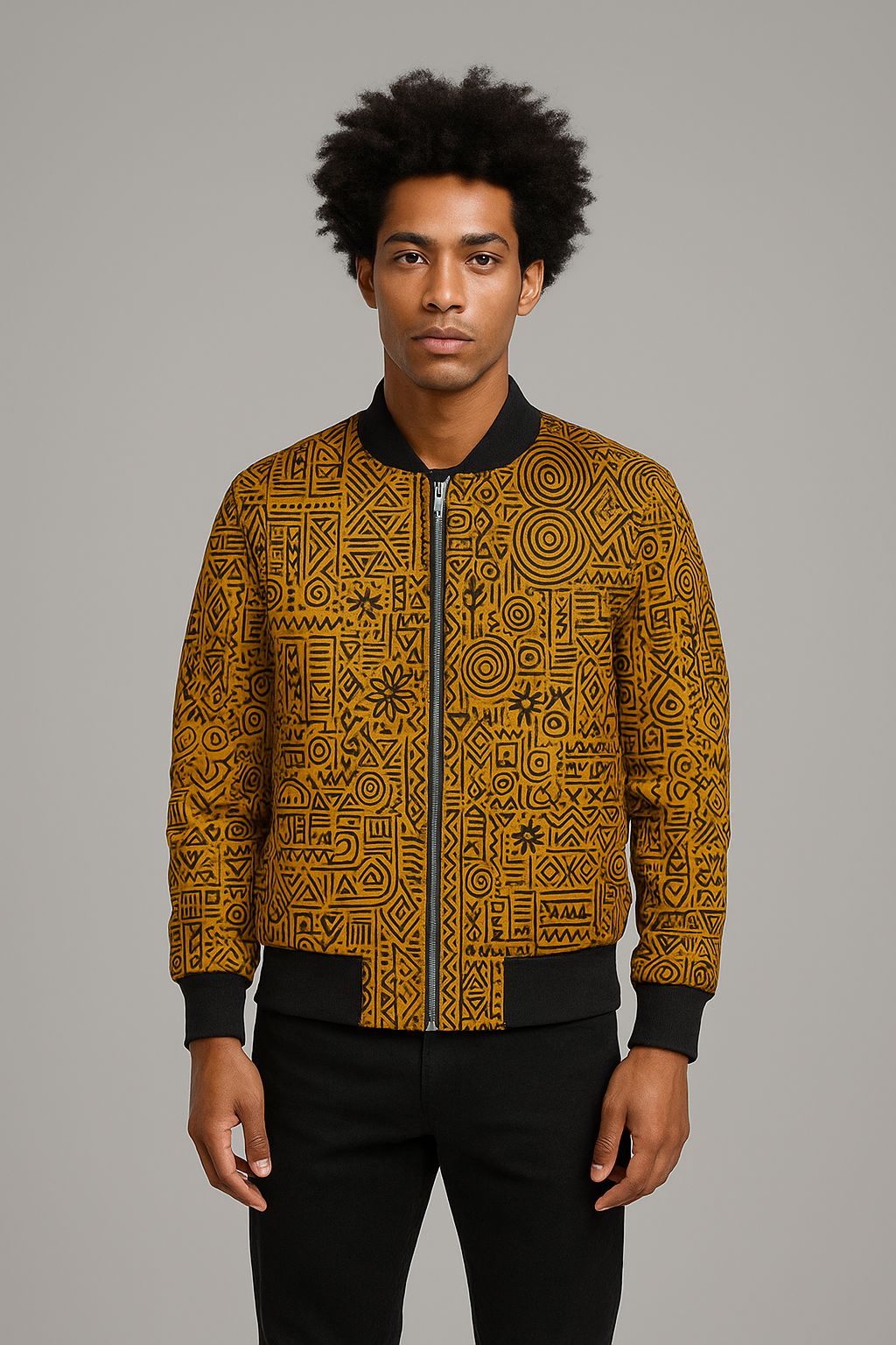 Vue avant de la veste bomber Mambéla de la collection Libreville Royale, présentant un grand portrait féminin stylisé inspiré des masques Punu du Gabon, sur un fond orné de symboles graphiques tribaux en tons chauds.