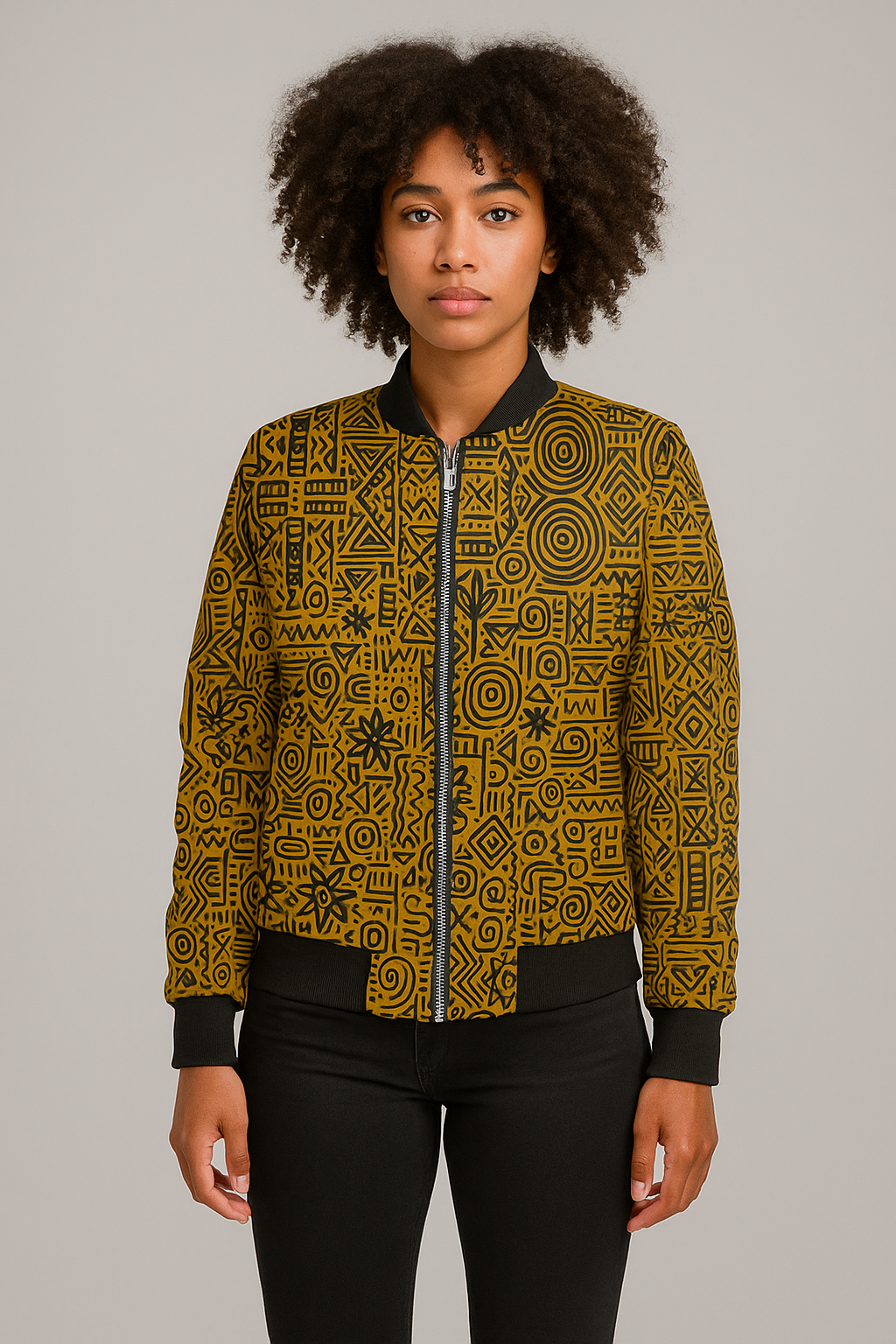 Vue avant de la veste bomber Mambéla de la collection Libreville Royale, présentant un grand portrait féminin stylisé inspiré des masques Punu du Gabon, sur un fond orné de symboles graphiques tribaux en tons chauds.