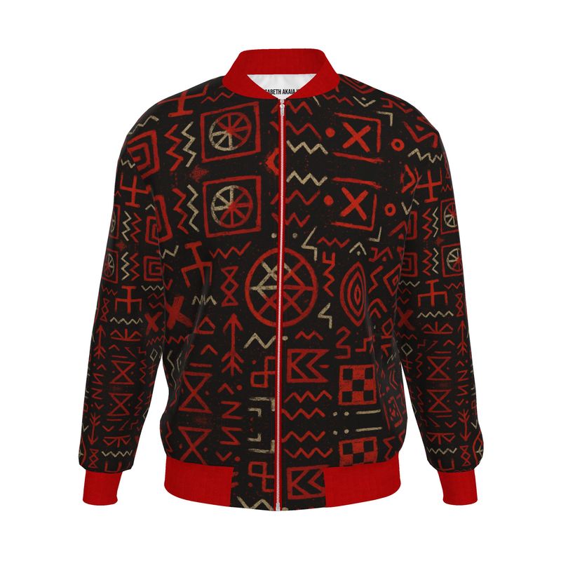 Veste Nkira vue de face sur fond neutre, blouson coupe classique aux motifs géométriques bantous rouges et beiges sur fond noir, représentant l’union entre art africain et design moderne.