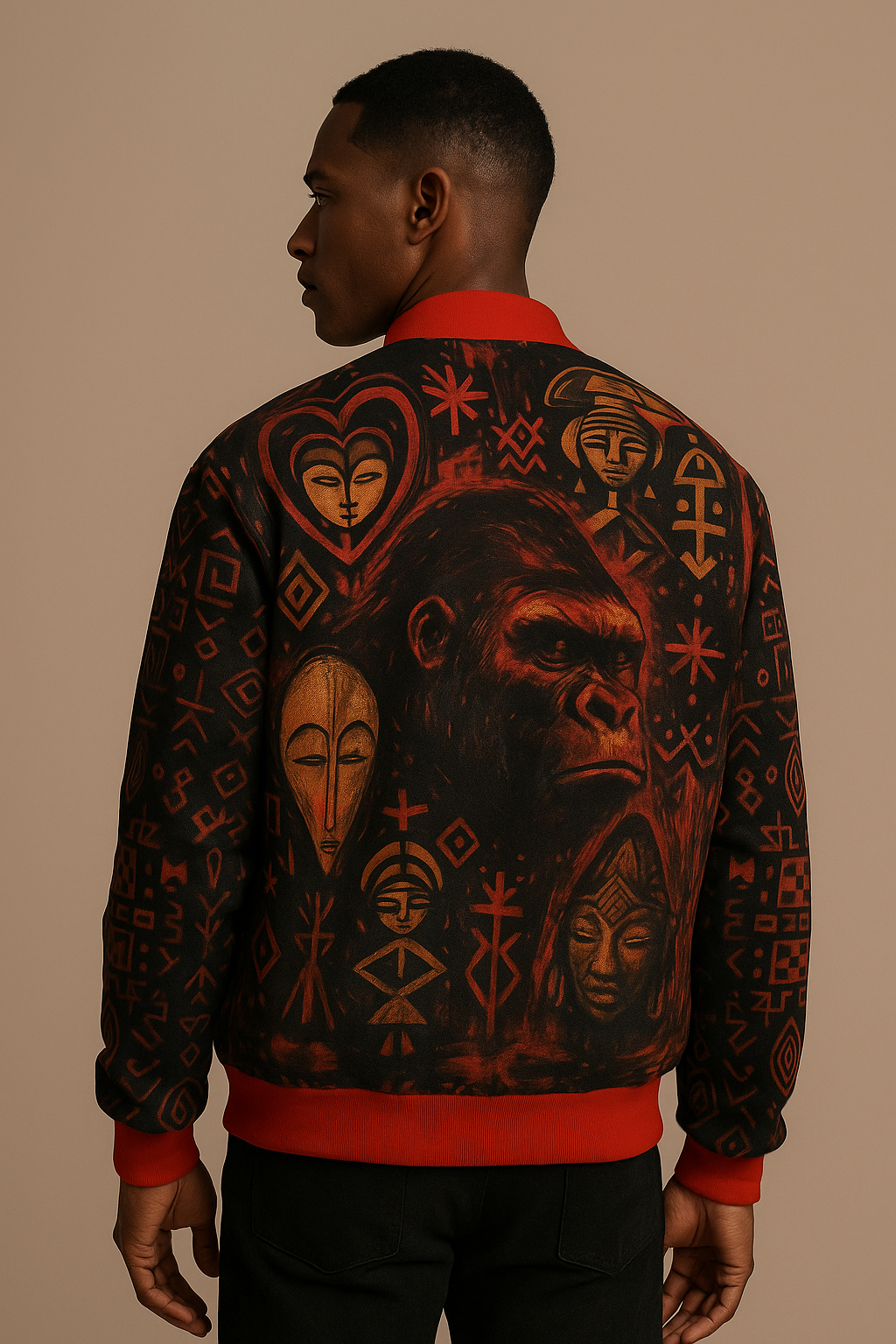 Mannequin afro-métis de dos portant la veste Nkira, blouson de créateur orné d’un gorille majestueux entouré de masques africains et de motifs bantous rouges et noirs, sur fond neutre studio.