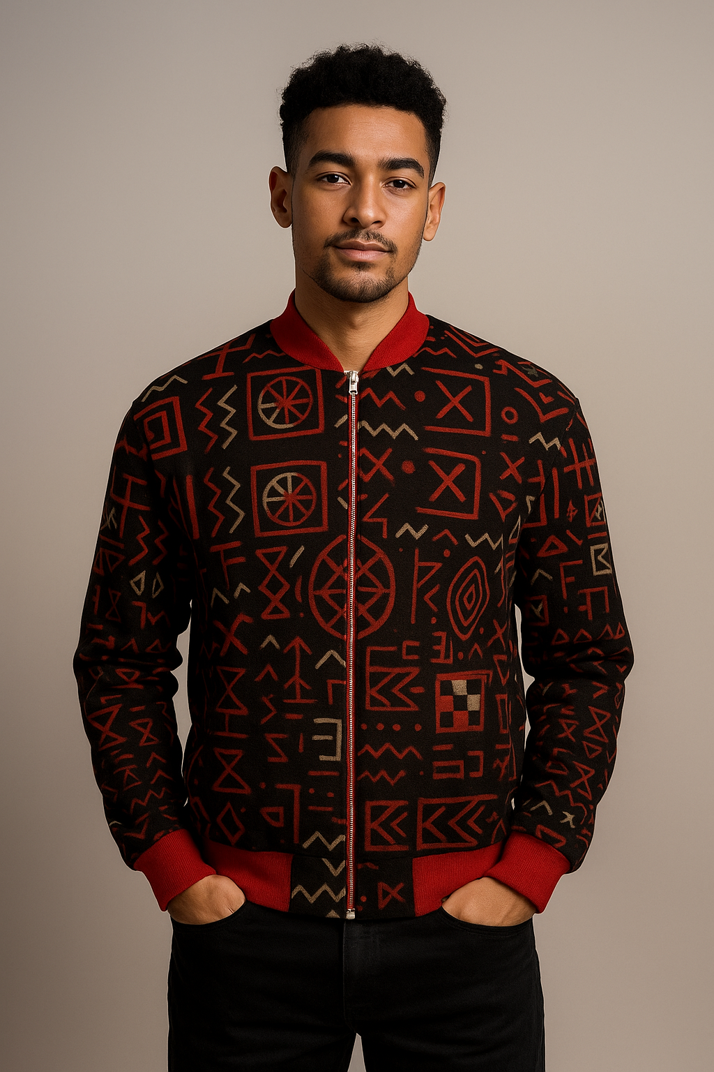 Mannequin afro-métis portant la veste Nkira de face, blouson bomber noir et rouge orné de symboles bantous graphiques, col et poignets rouges, photographié en studio à la lumière douce.