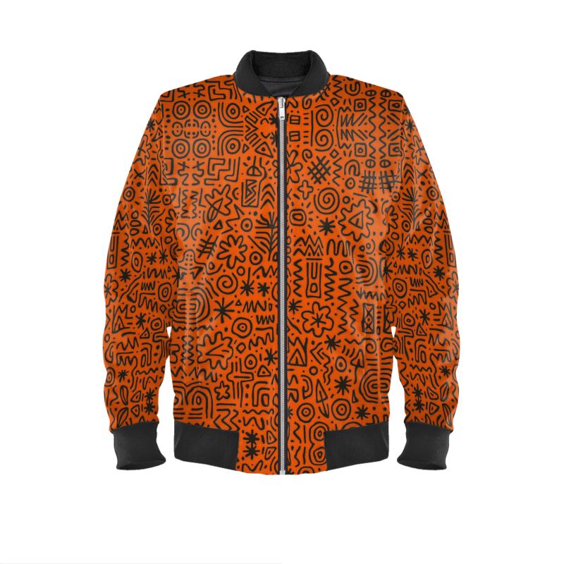 Bomber artistique orange à imprimés africains avec portrait tribal stylisé, collection Libreville Royale.