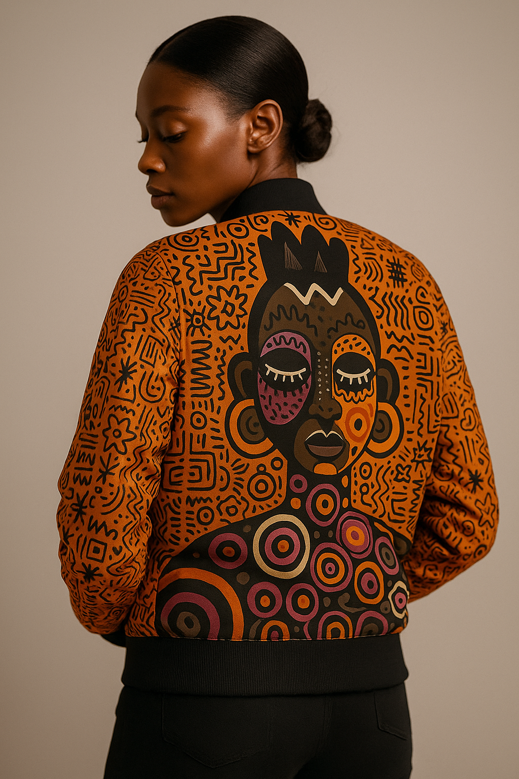 Bomber artistique orange à imprimés africains avec portrait tribal stylisé, collection Libreville Royale.