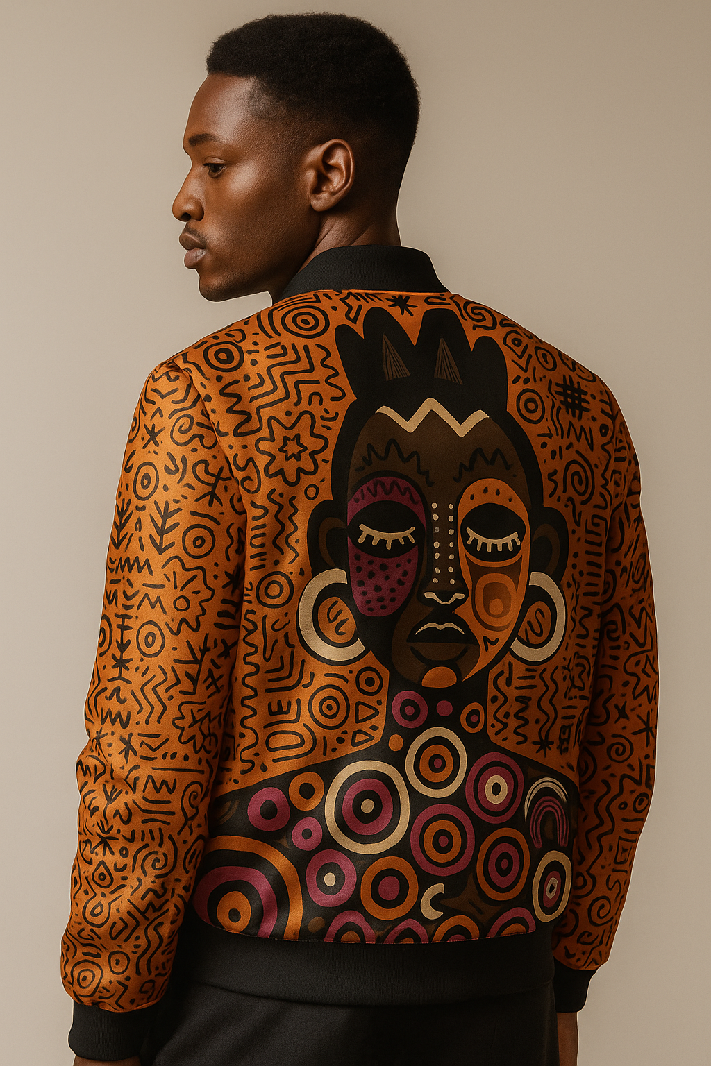 Bomber artistique orange à imprimés africains avec portrait tribal stylisé, collection Libreville Royale.