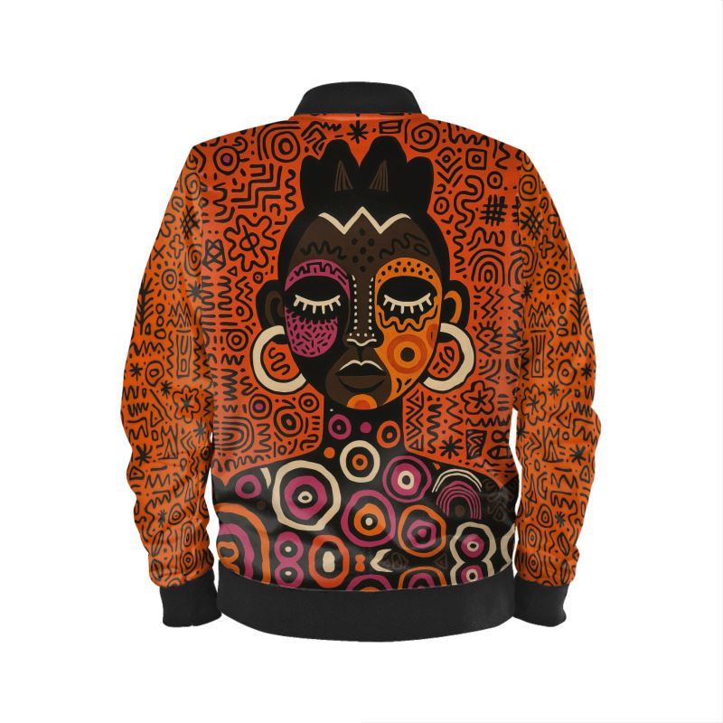 Bomber éthique orange, imprimé all-over avec motifs graphiques noirs, coupe unisexe.