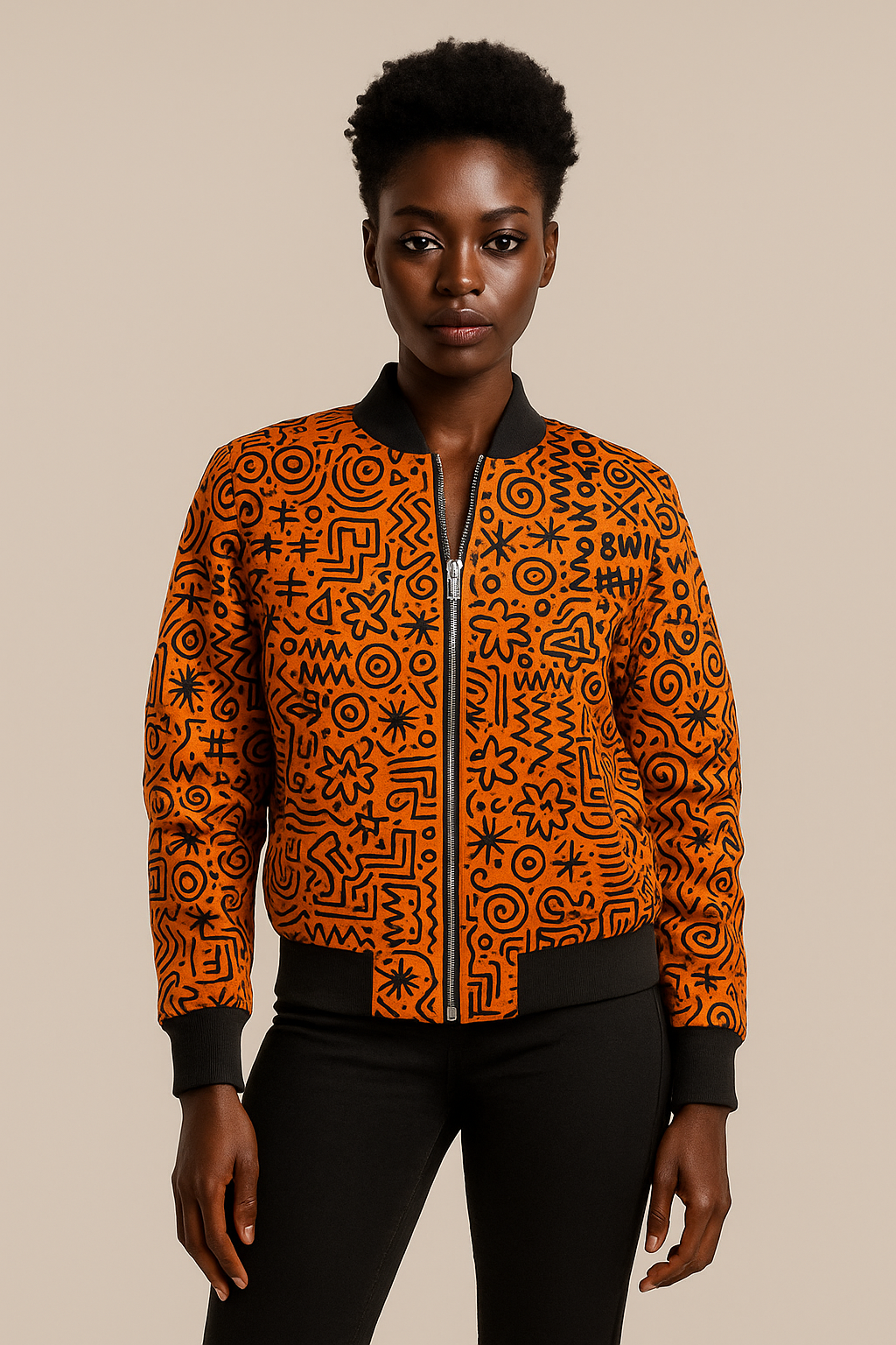 Bomber artistique orange à imprimés africains avec portrait tribal stylisé, collection Libreville Royale.