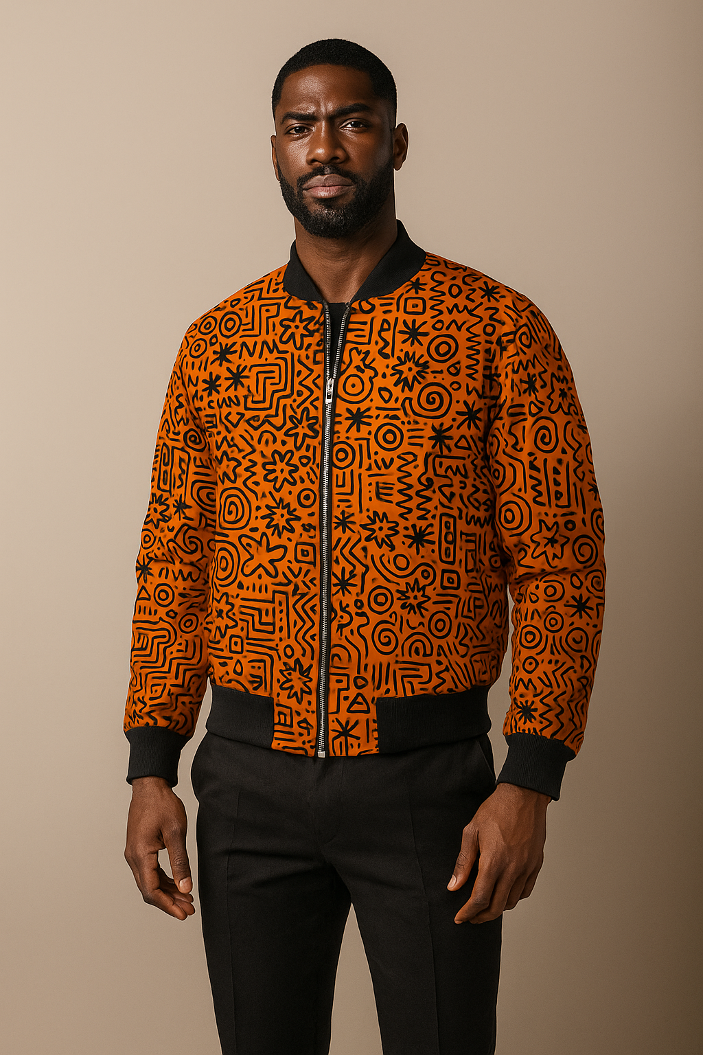 Bomber artistique orange à imprimés africains avec portrait tribal stylisé, collection Libreville Royale.