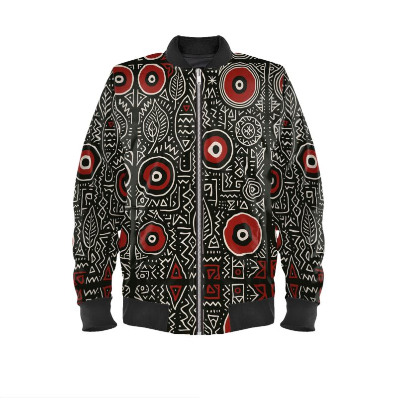 Mannequin afro-métis portant le blouson de créateur Mubèni de la collection Libreville Royale, photographie de mode en studio sur fond neutre, style afro-luxe et mystique.